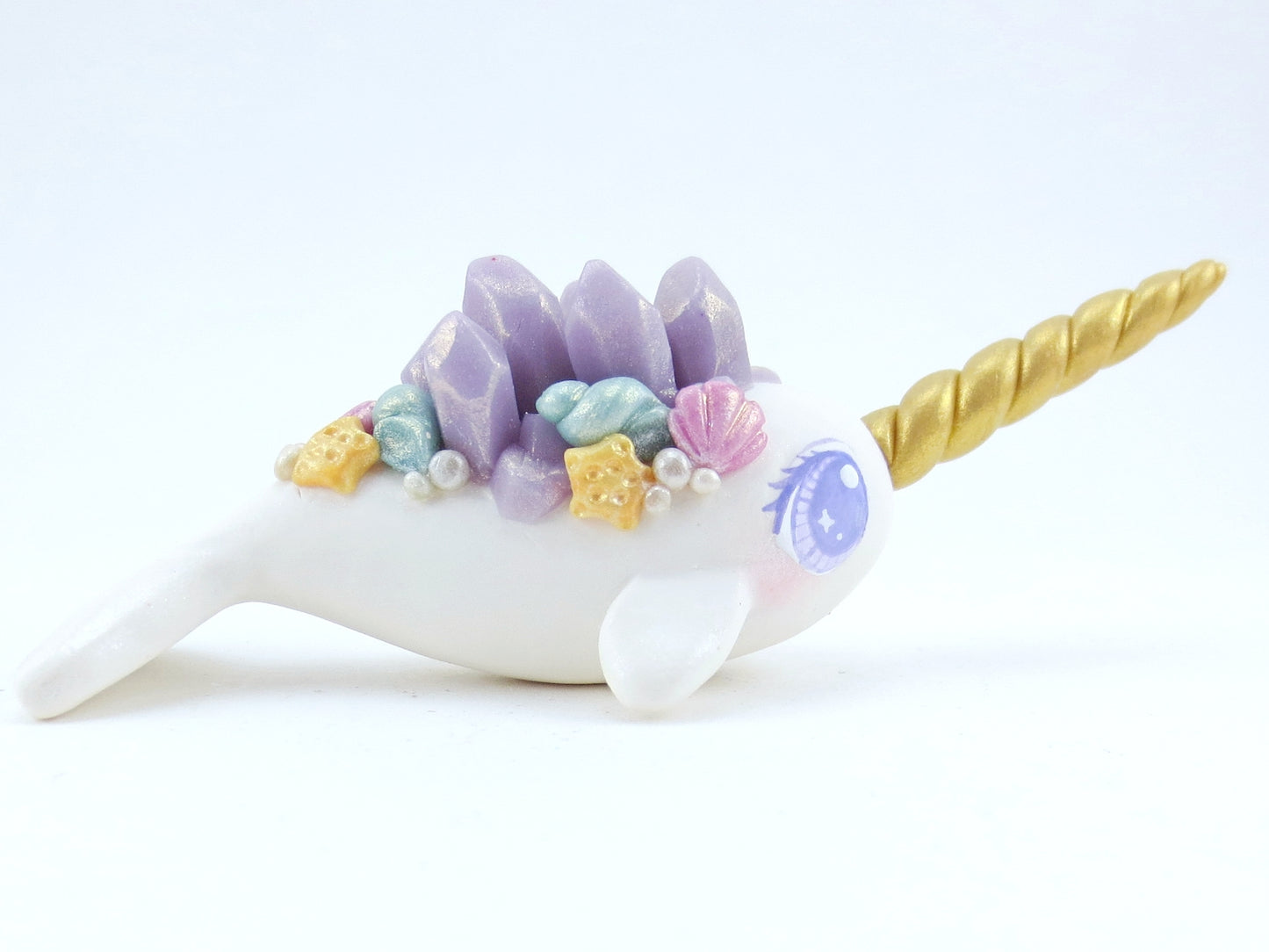 Seashell Purple Crystal Narwhal Figurine - Polymer Clay Kawaii Animals