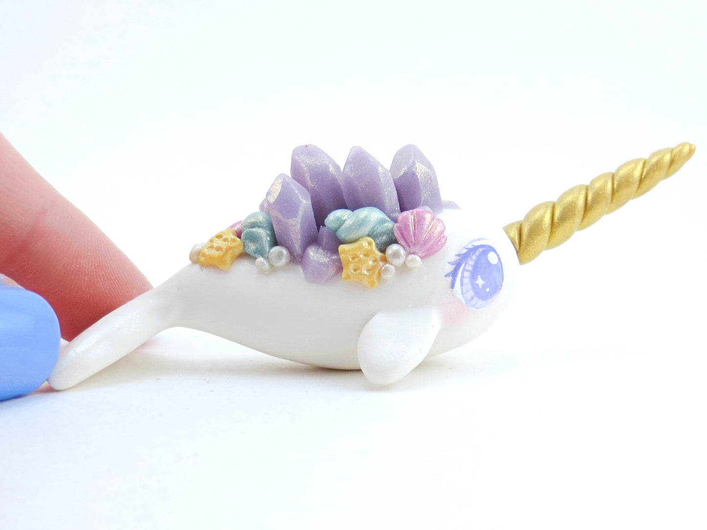 Seashell Purple Crystal Narwhal Figurine - Polymer Clay Kawaii Animals