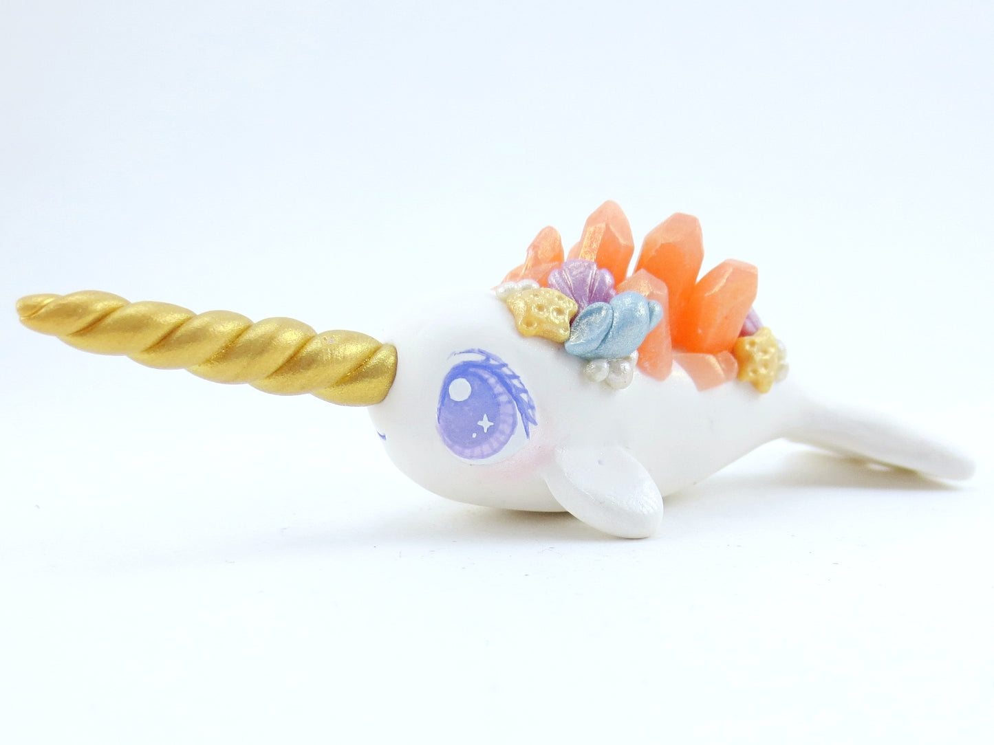 Seashell Pink Crystal Narwhal Figurine - Polymer Clay Kawaii Animals