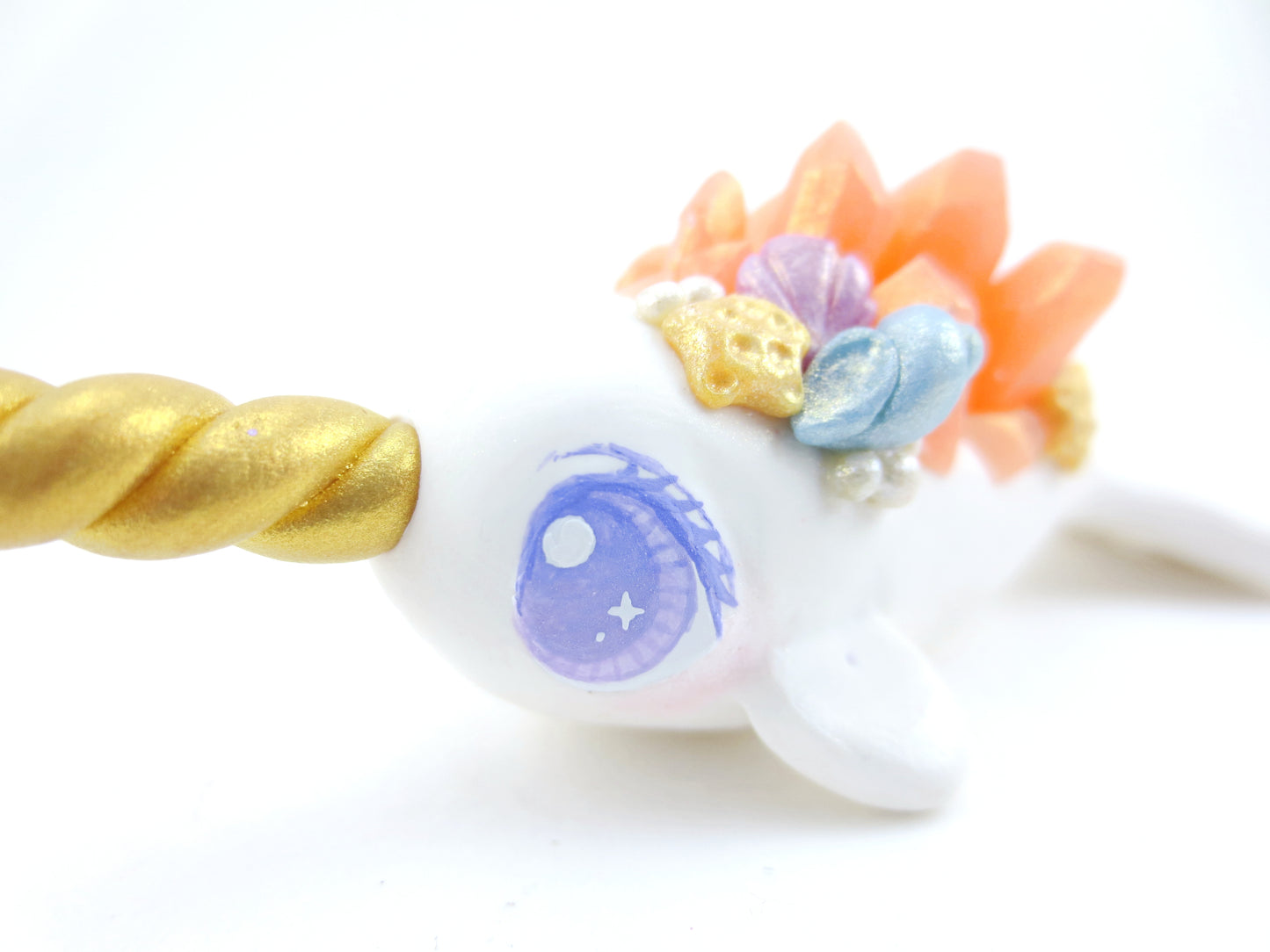 Seashell Pink Crystal Narwhal Figurine - Polymer Clay Kawaii Animals