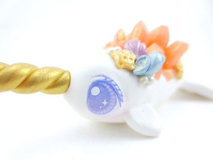 Seashell Pink Crystal Narwhal Figurine - Polymer Clay Kawaii Animals