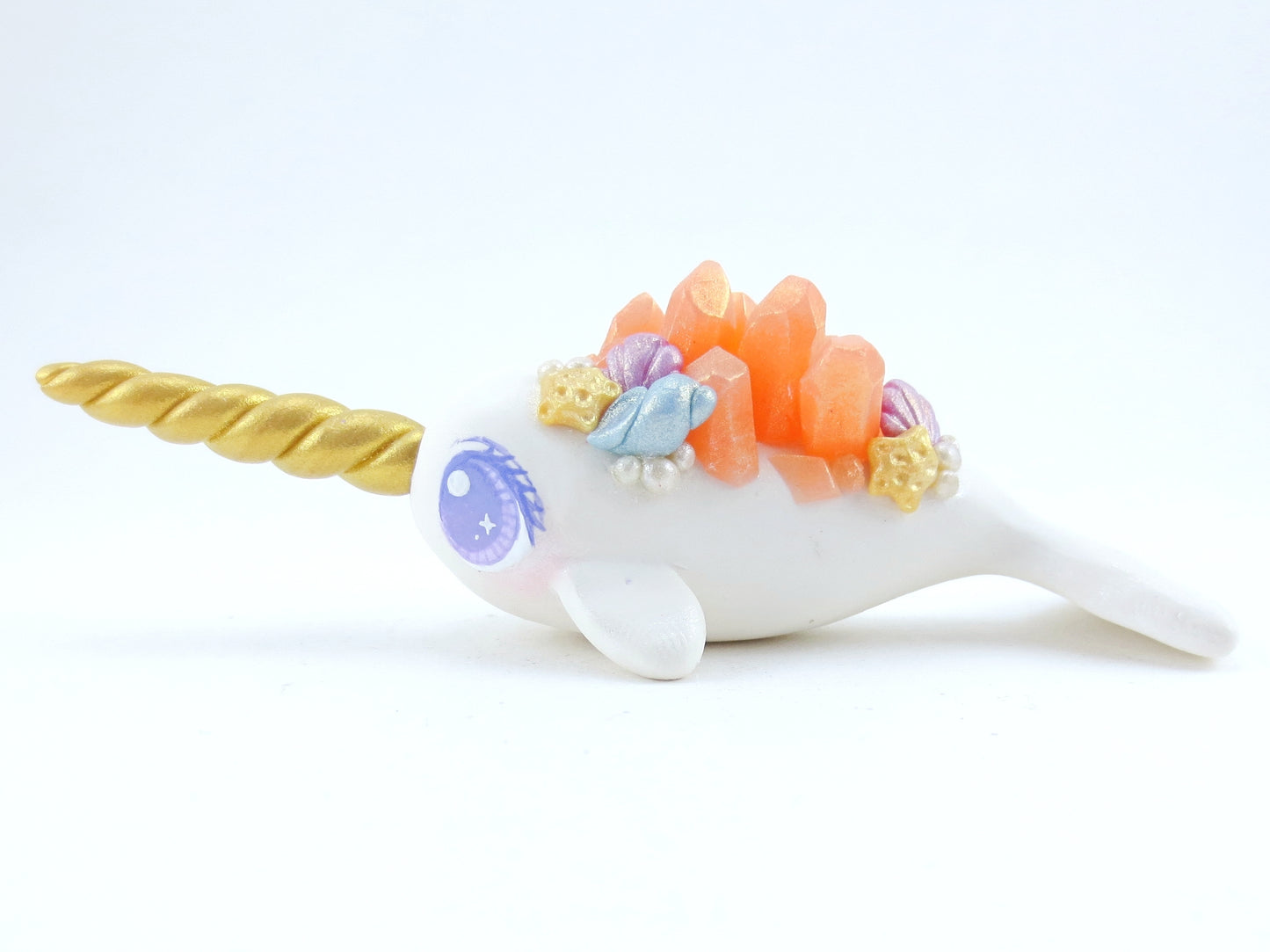 Seashell Pink Crystal Narwhal Figurine - Polymer Clay Kawaii Animals