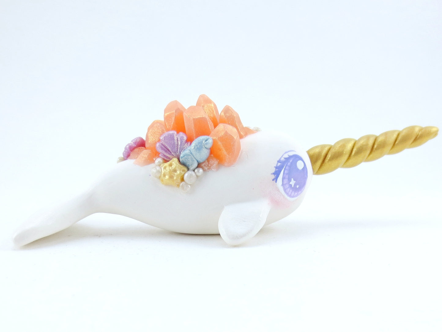 Seashell Pink Crystal Narwhal Figurine - Polymer Clay Kawaii Animals