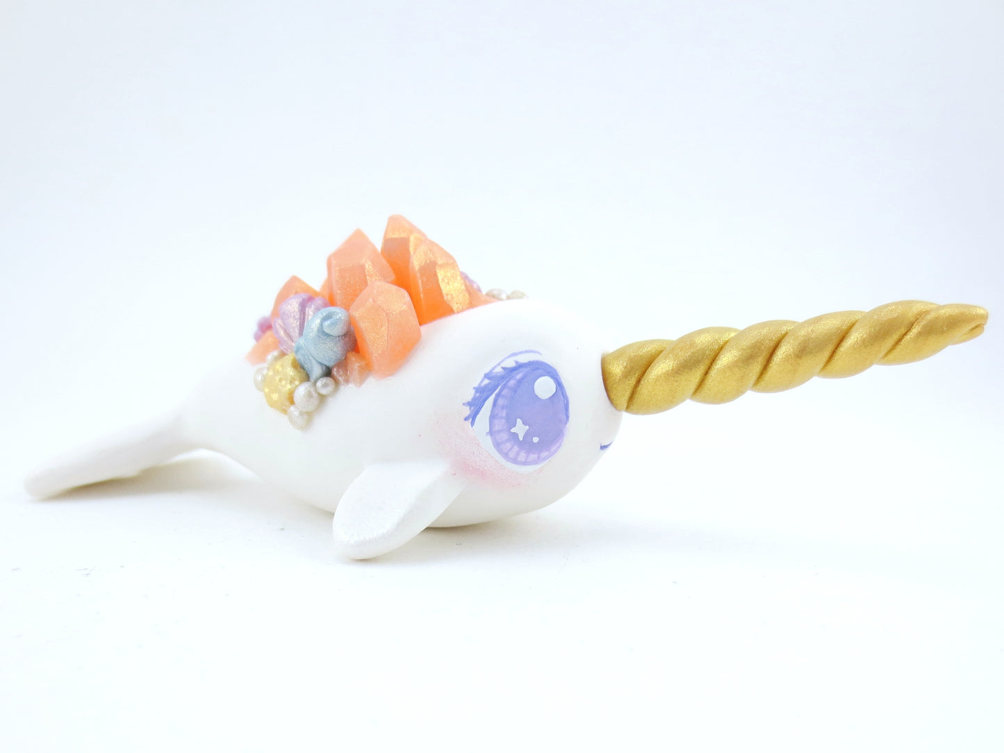 Seashell Pink Crystal Narwhal Figurine - Polymer Clay Kawaii Animals