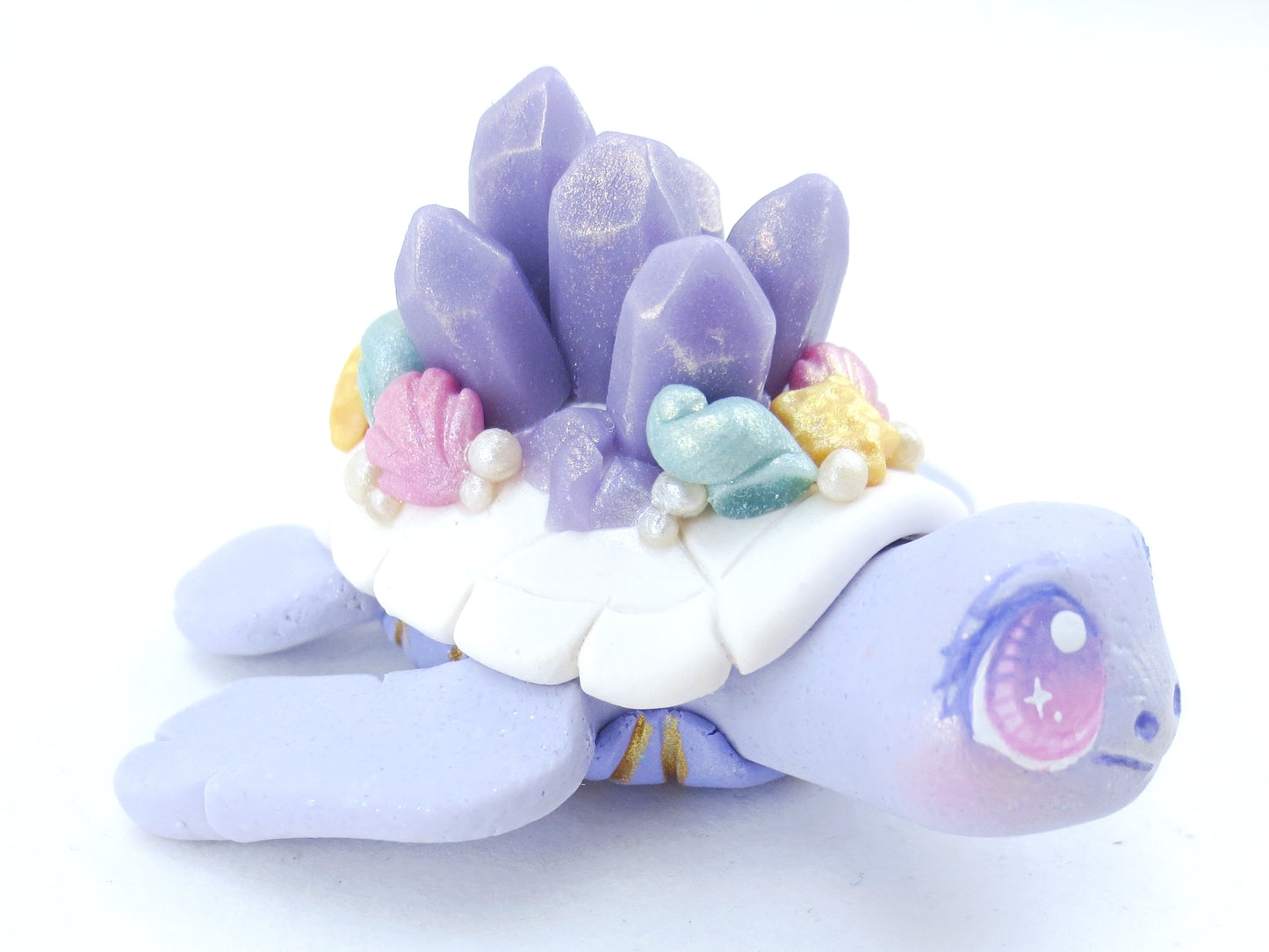 Lavender Crystal Seashell Turtle Figurine - Polymer Clay Kawaii Animals