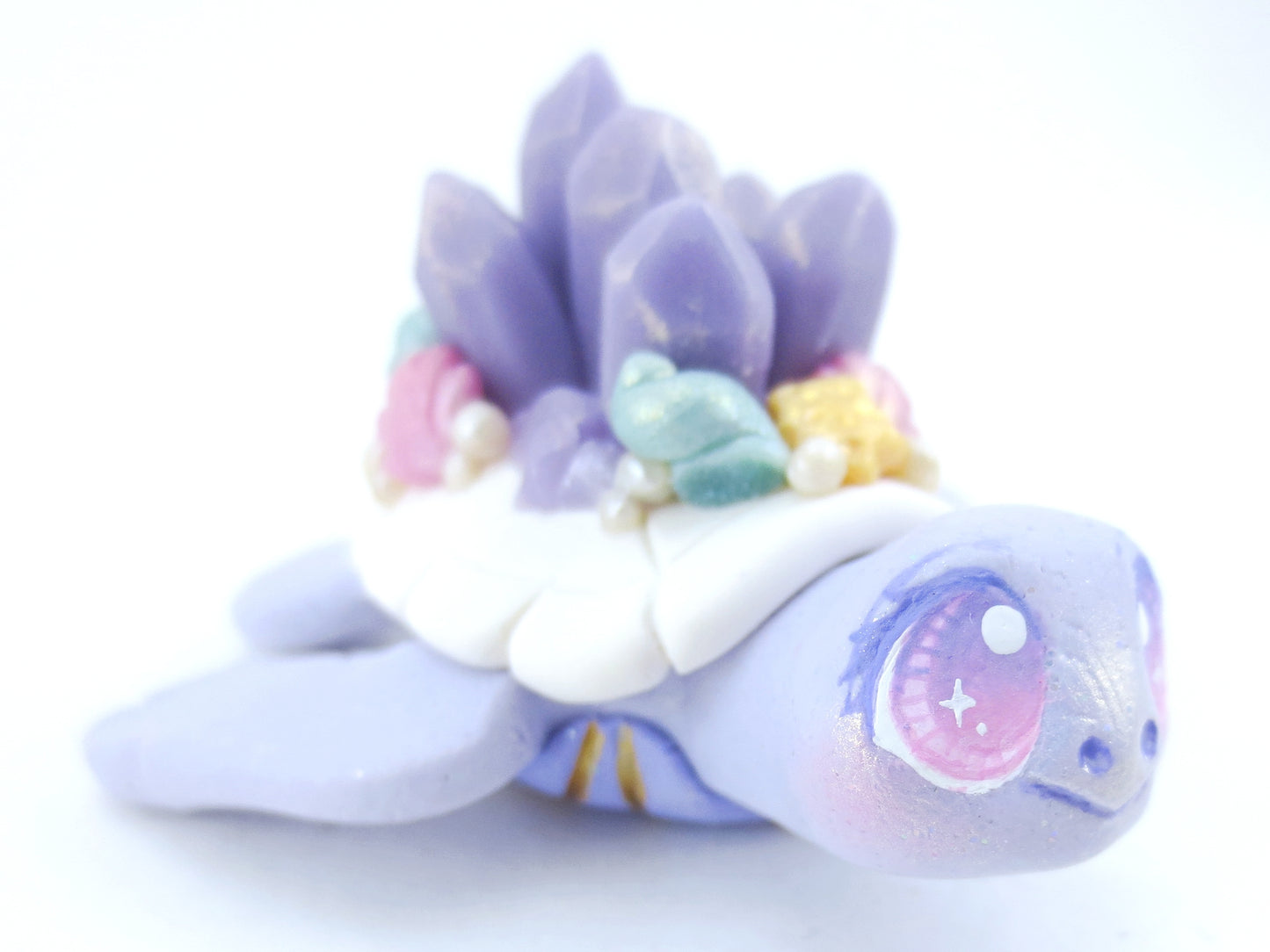 Lavender Crystal Seashell Turtle Figurine - Polymer Clay Kawaii Animals