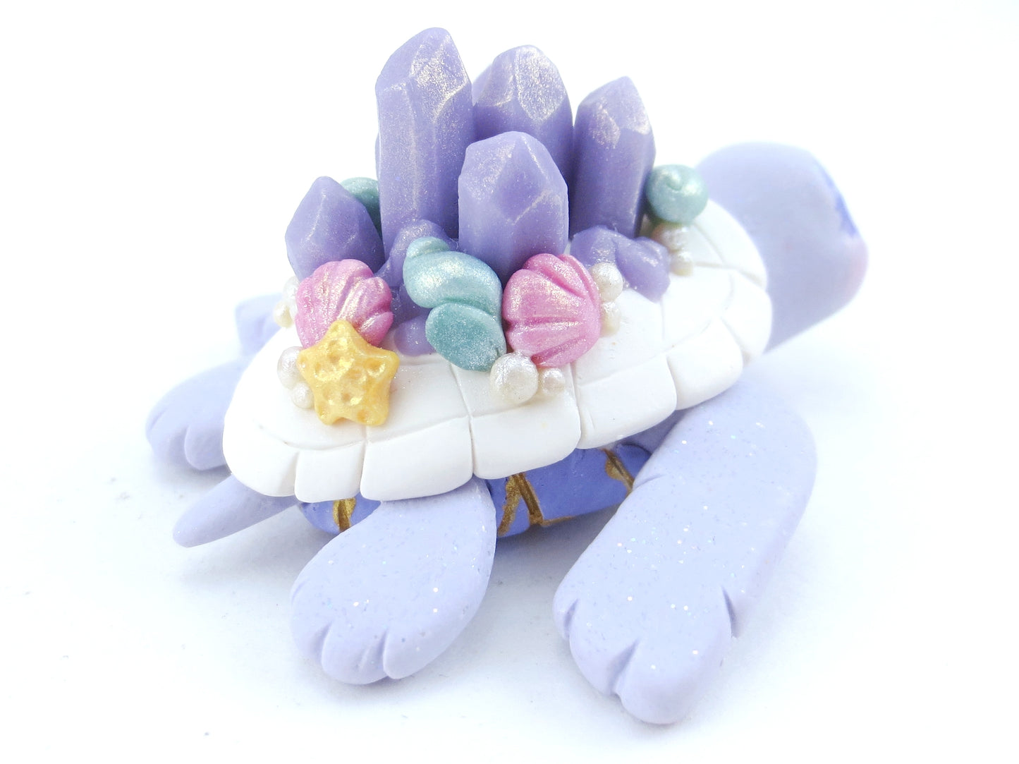 Lavender Crystal Seashell Turtle Figurine - Polymer Clay Kawaii Animals