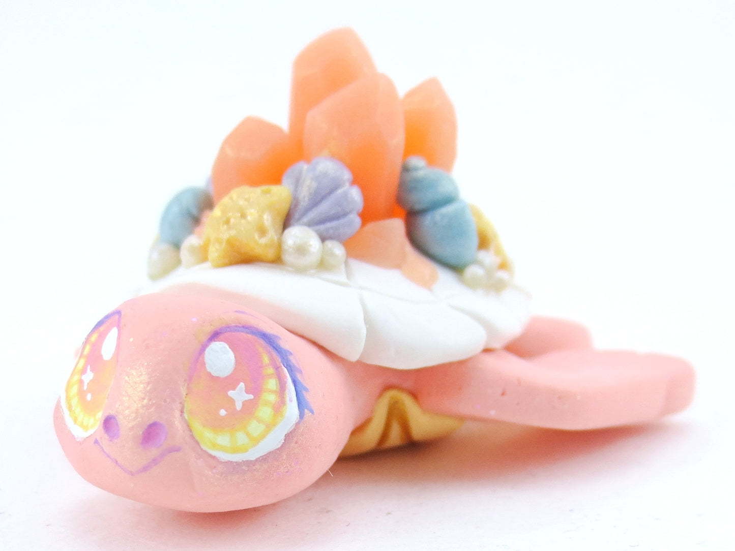 Sunset Pink Crystal Seashell Turtle Figurine - Polymer Clay Kawaii Animals