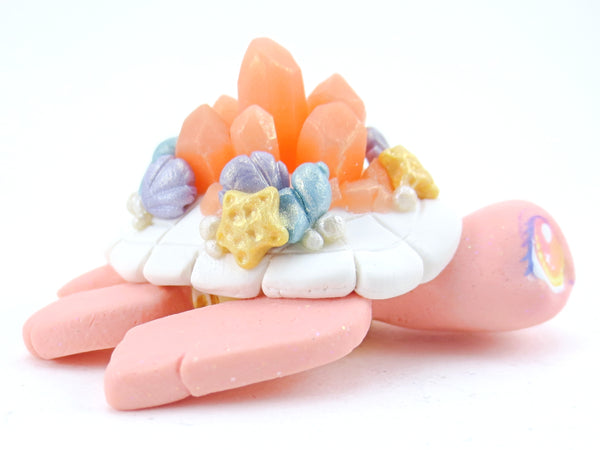 Sunset Pink Crystal Seashell Turtle Figurine - Polymer Clay Kawaii Animals
