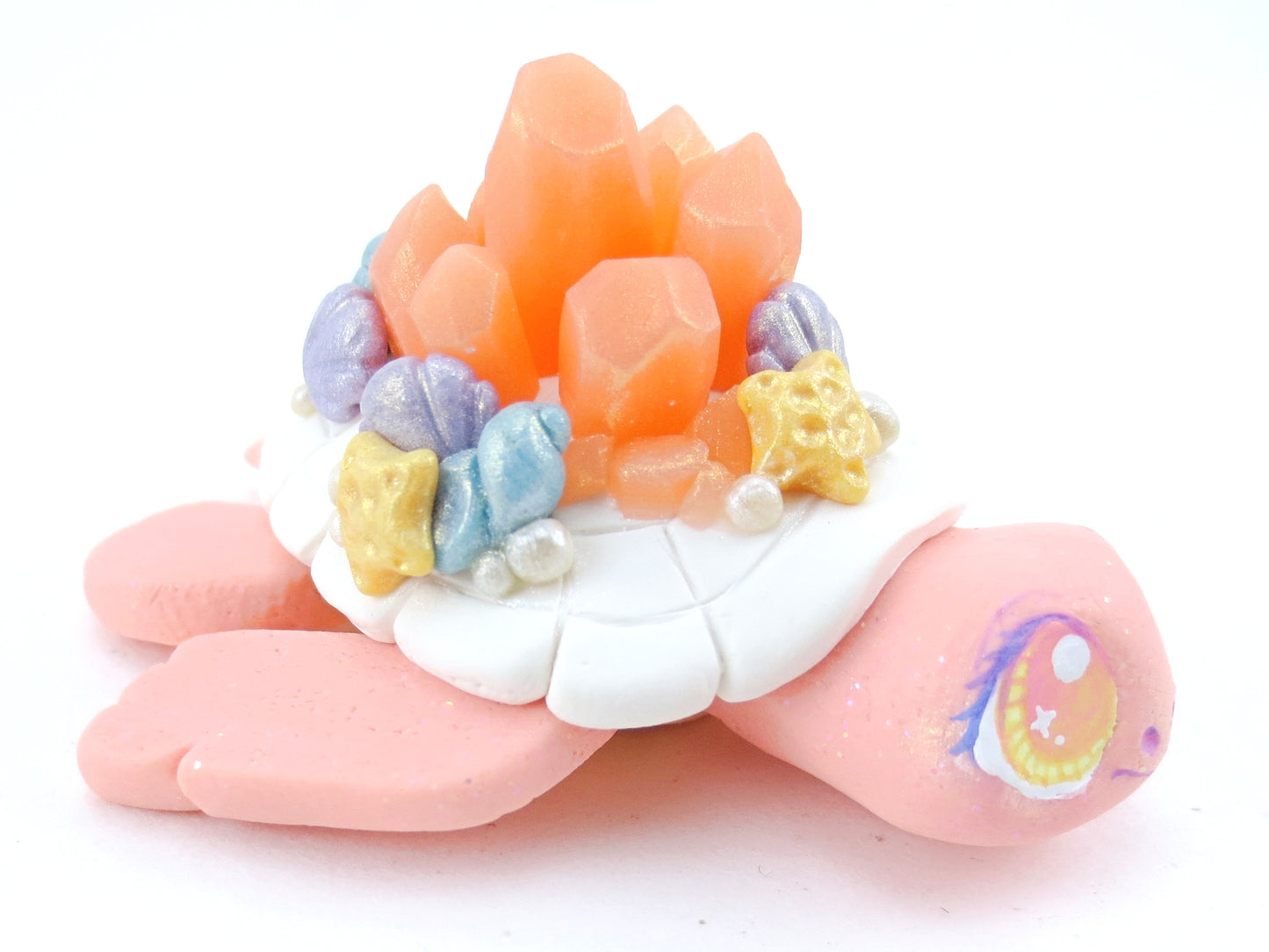 Sunset Pink Crystal Seashell Turtle Figurine - Polymer Clay Kawaii Animals