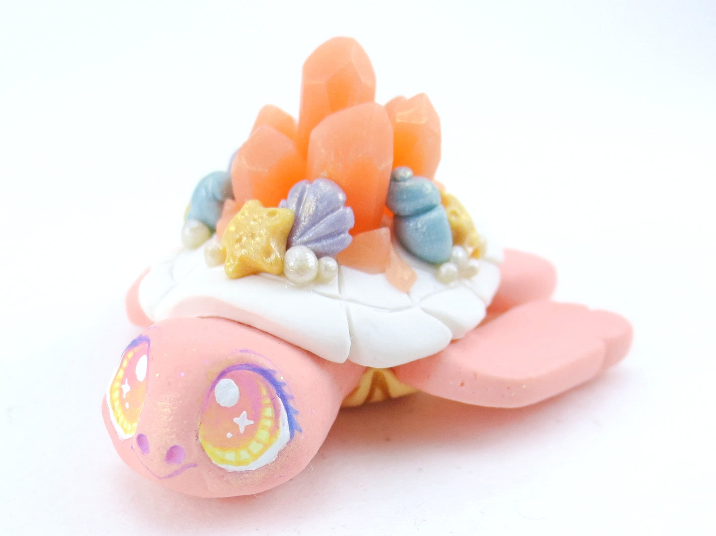 Sunset Pink Crystal Seashell Turtle Figurine - Polymer Clay Kawaii Animals