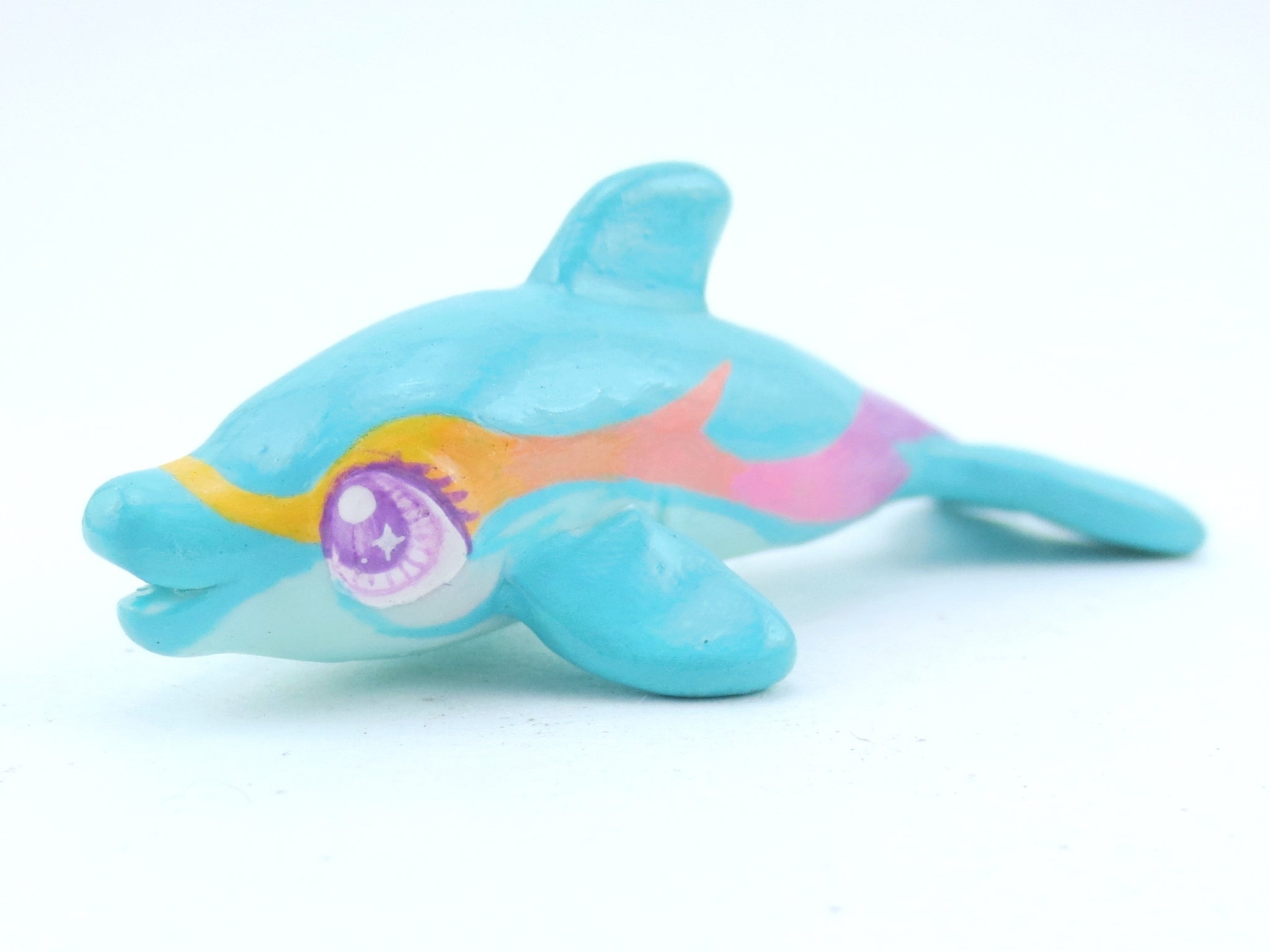 Turquoise Rainbow Stripe Dolphin Figurine - Polymer Clay Kawaii Animals
