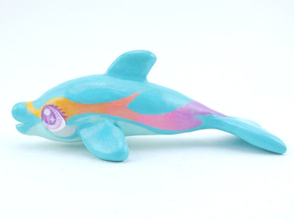 Turquoise Rainbow Stripe Dolphin Figurine - Polymer Clay Kawaii Animals