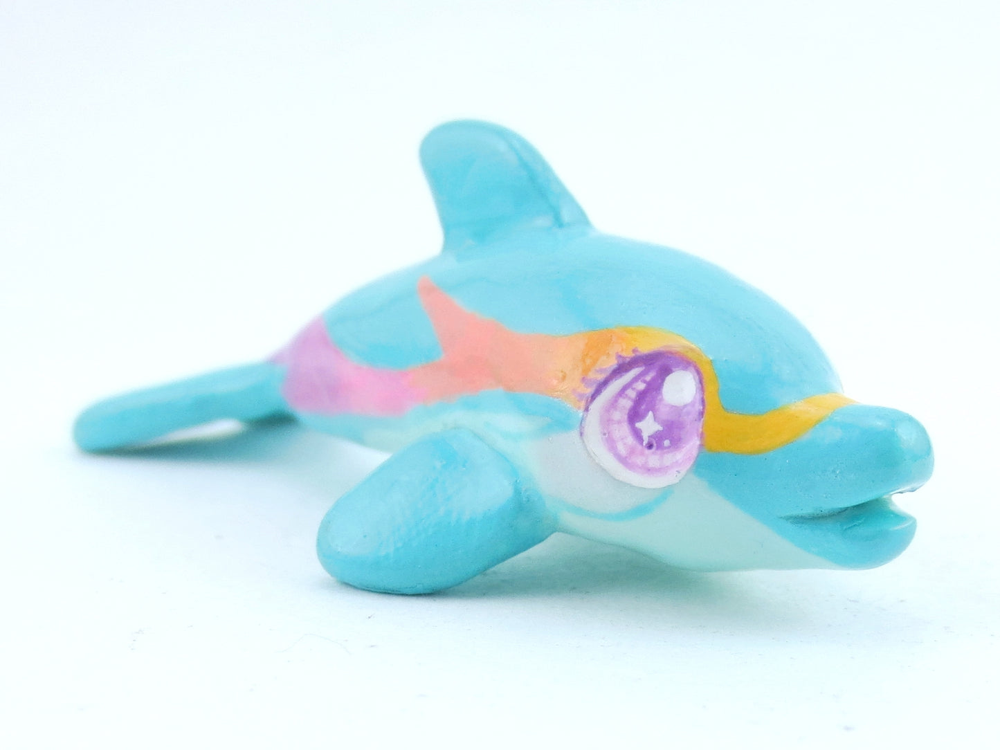 Turquoise Rainbow Stripe Dolphin Figurine - Polymer Clay Kawaii Animals