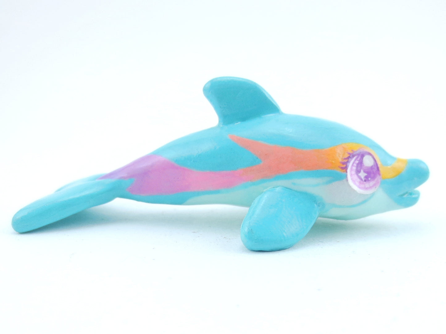 Turquoise Rainbow Stripe Dolphin Figurine - Polymer Clay Kawaii Animals