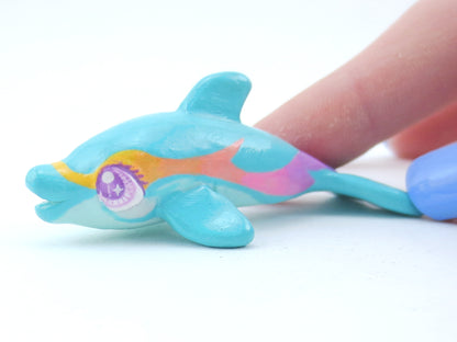 Turquoise Rainbow Stripe Dolphin Figurine - Polymer Clay Kawaii Animals