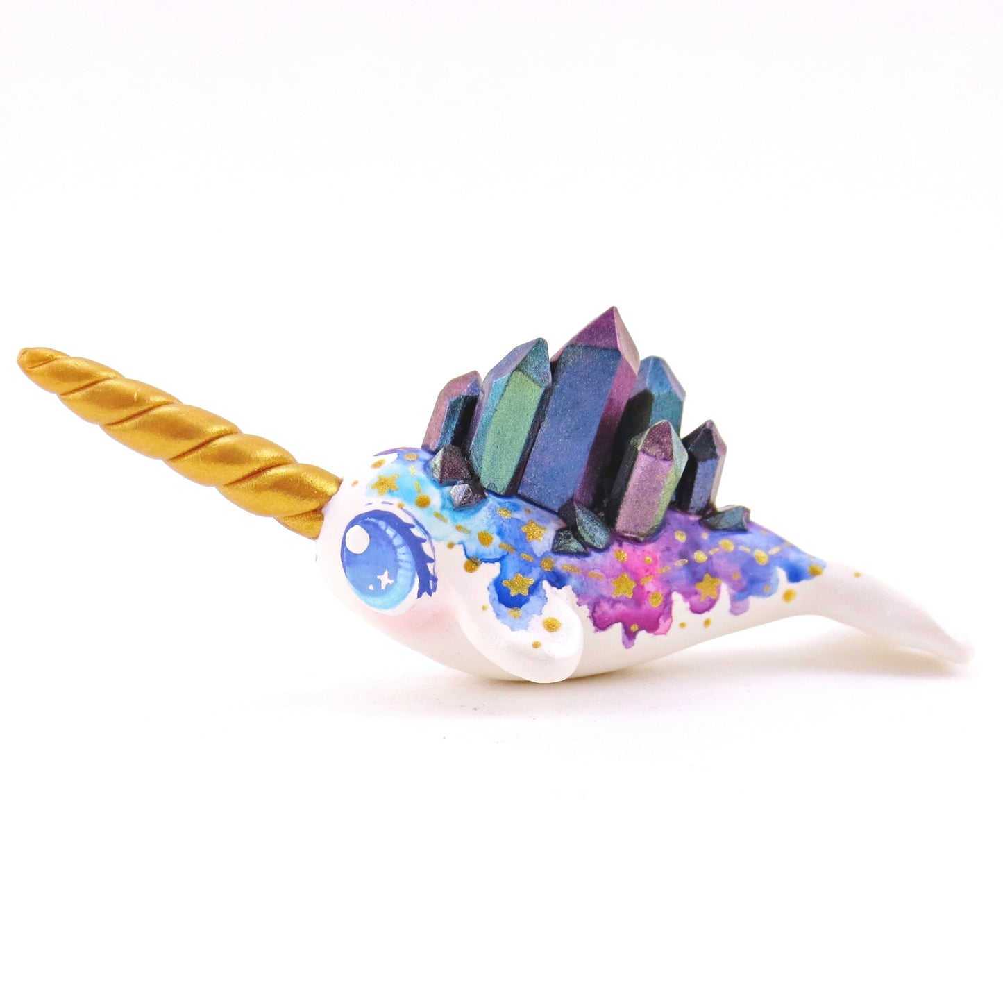 Watercolor Crystal Constellation Narwhal Figurine - Blue Eyes - Polymer Clay Enchanted Ocean Animals