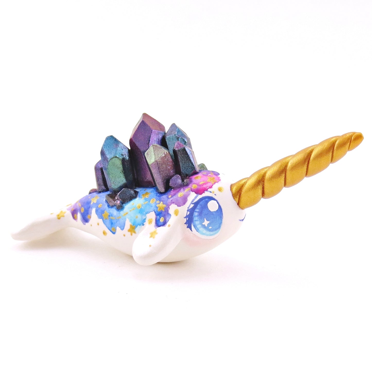 Watercolor Crystal Constellation Narwhal Figurine - Blue Eyes - Polymer Clay Enchanted Ocean Animals