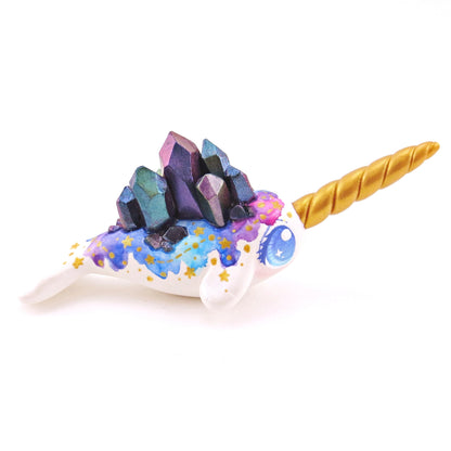 Watercolor Crystal Constellation Narwhal Figurine - Blue Eyes - Polymer Clay Enchanted Ocean Animals