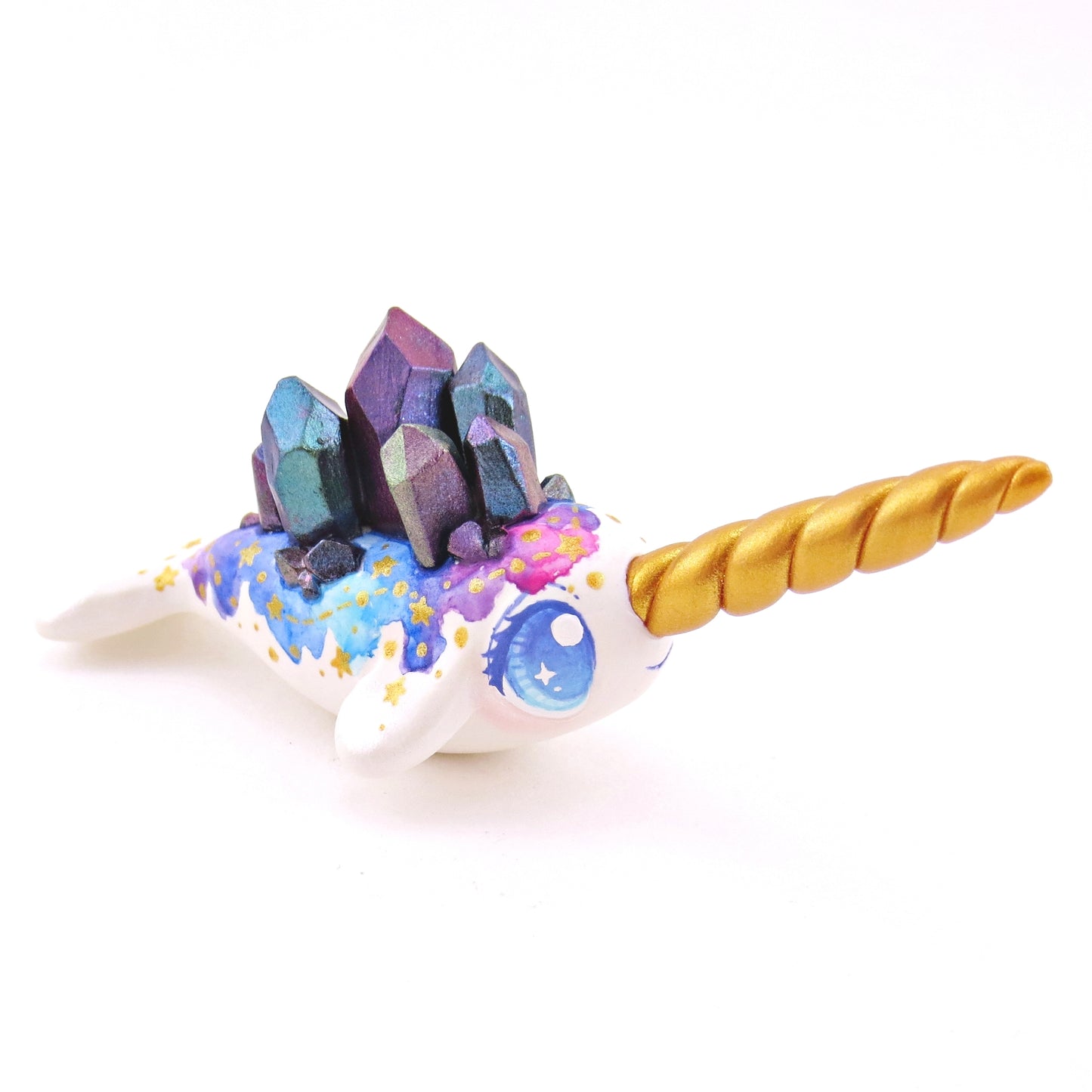 Watercolor Crystal Constellation Narwhal Figurine - Blue Eyes - Polymer Clay Enchanted Ocean Animals