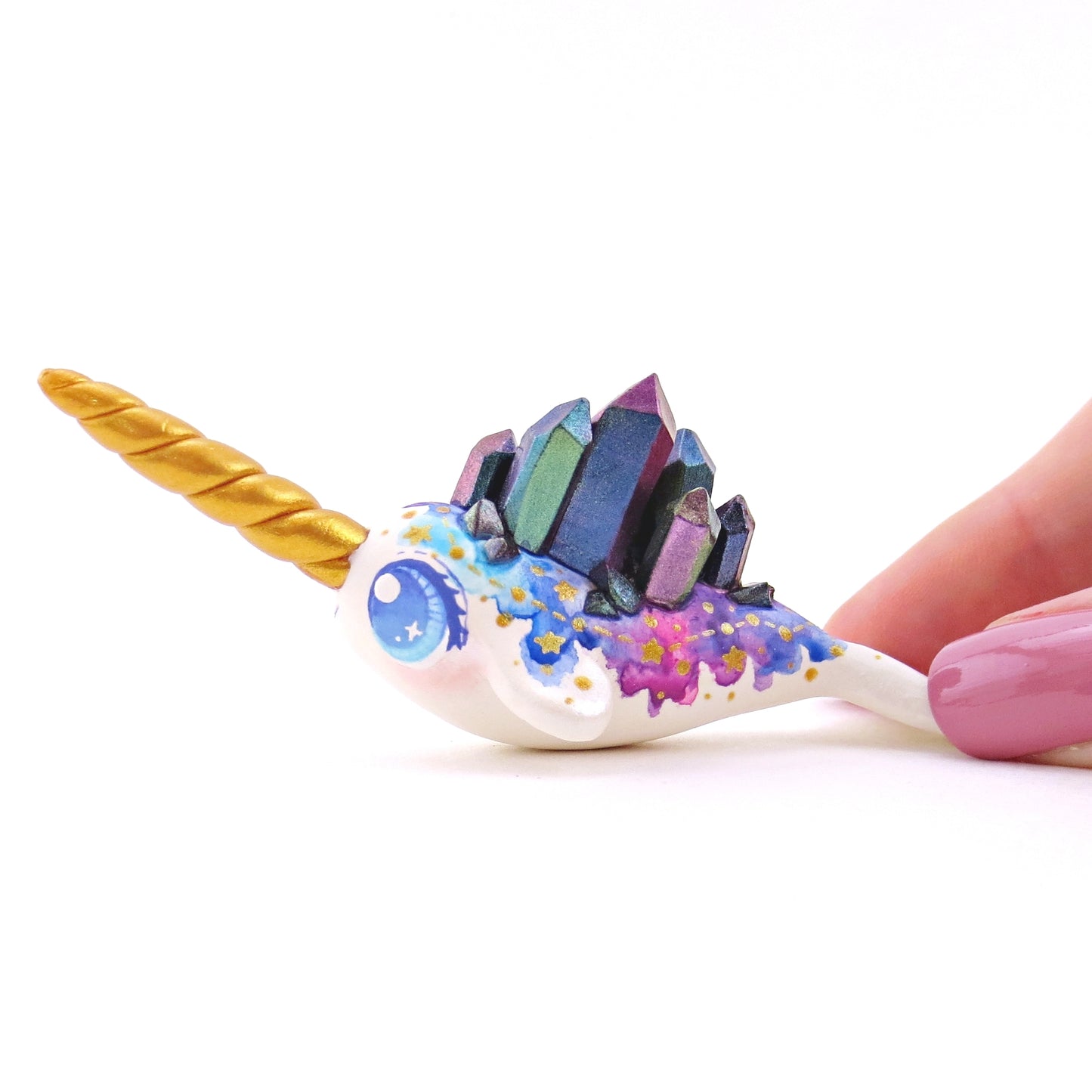 Watercolor Crystal Constellation Narwhal Figurine - Blue Eyes - Polymer Clay Enchanted Ocean Animals