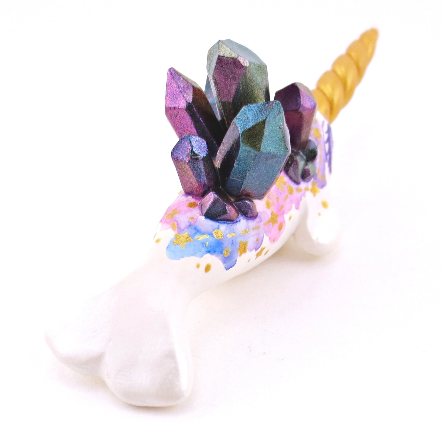 Watercolor Crystal Constellation Narwhal Figurine - Pink/Purple Eyes - Polymer Clay Enchanted Ocean Animals