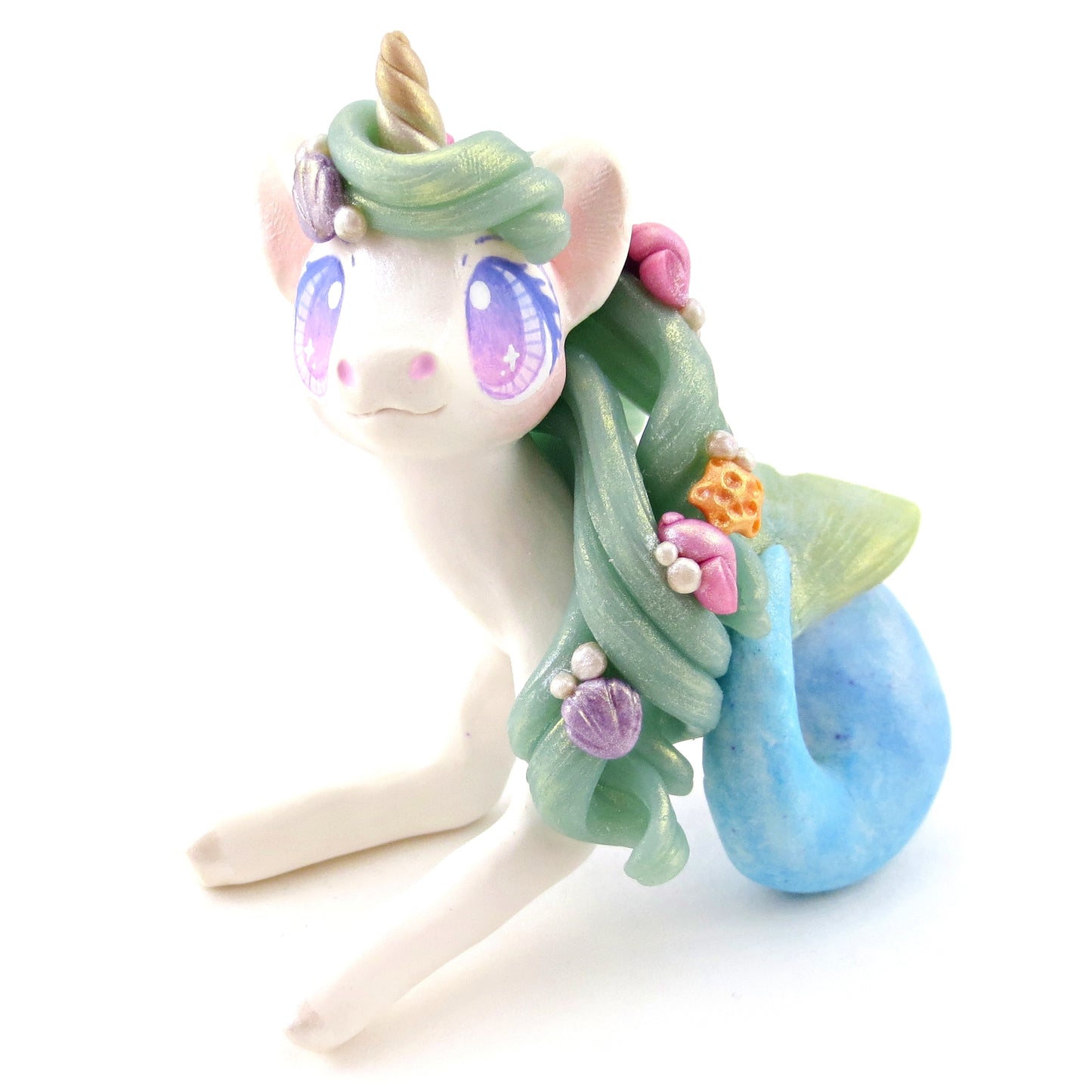 Blue Mermaid Unicorn Figurine - Polymer Clay Celestial Sea Animals