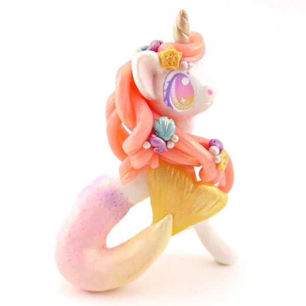 Peachy Ombre Mermaid Unicorn Figurine - Polymer Clay Celestial Sea Animals