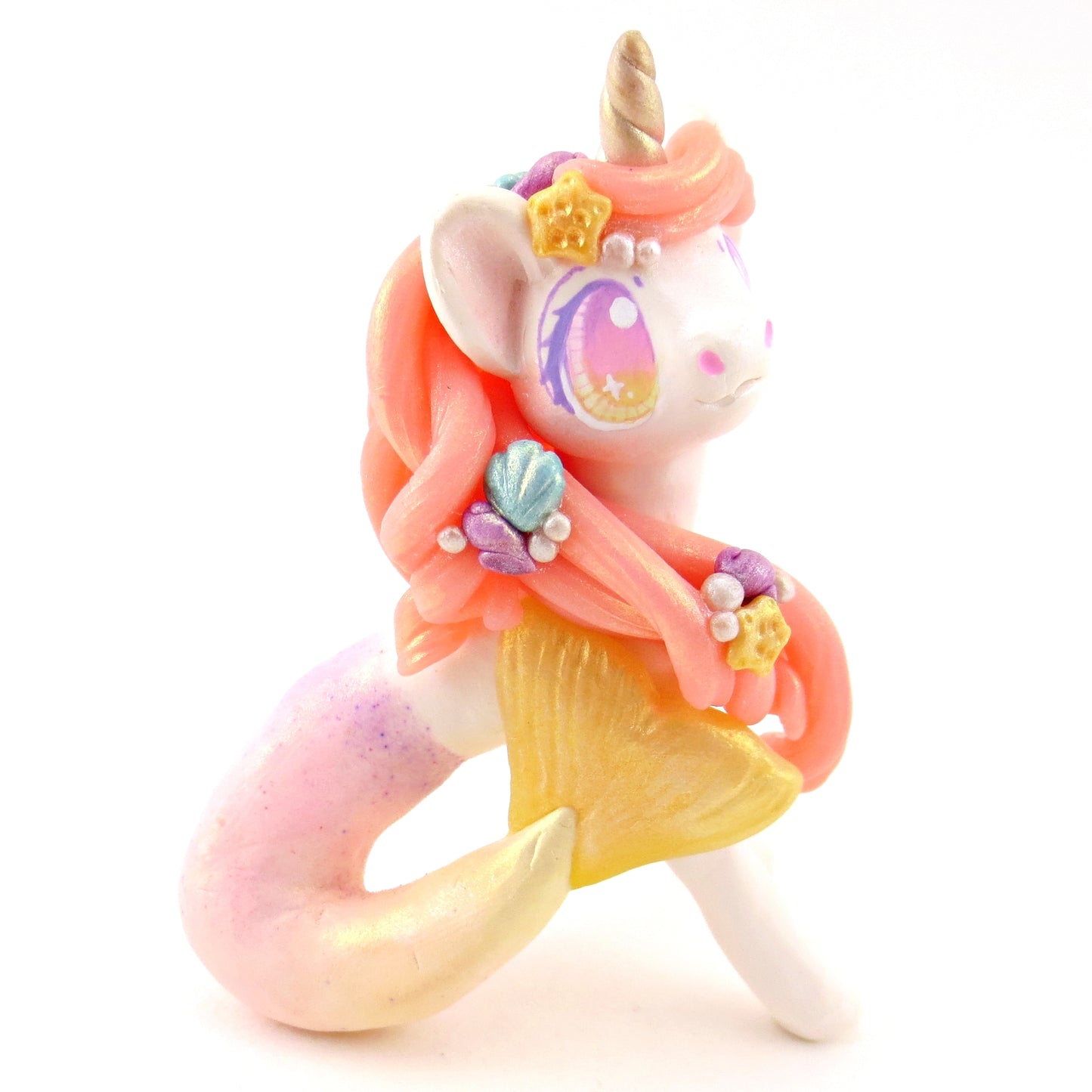 Peachy Ombre Mermaid Unicorn Figurine - Polymer Clay Celestial Sea Animals