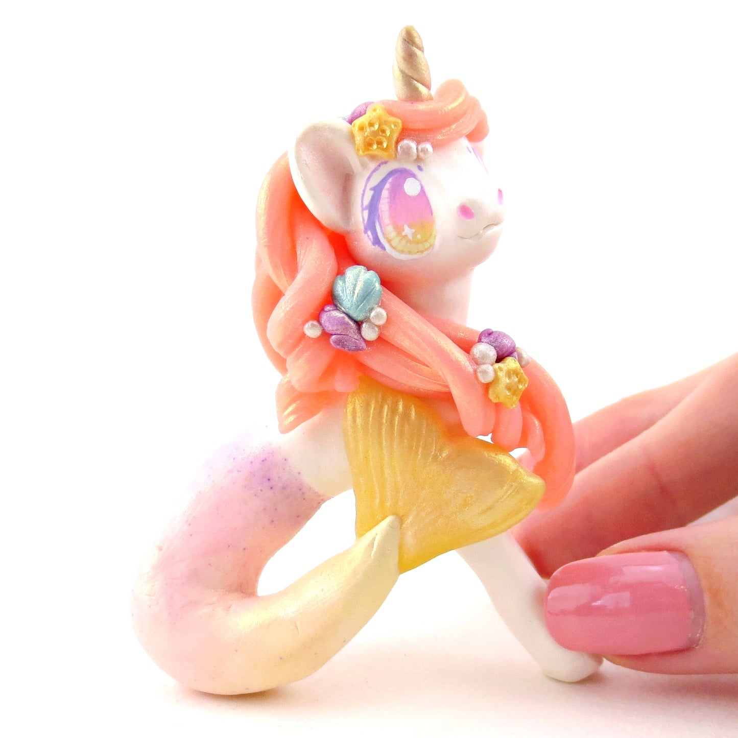 Peachy Ombre Mermaid Unicorn Figurine - Polymer Clay Celestial Sea Animals