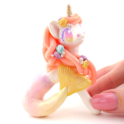 Peachy Ombre Mermaid Unicorn Figurine - Polymer Clay Celestial Sea Animals