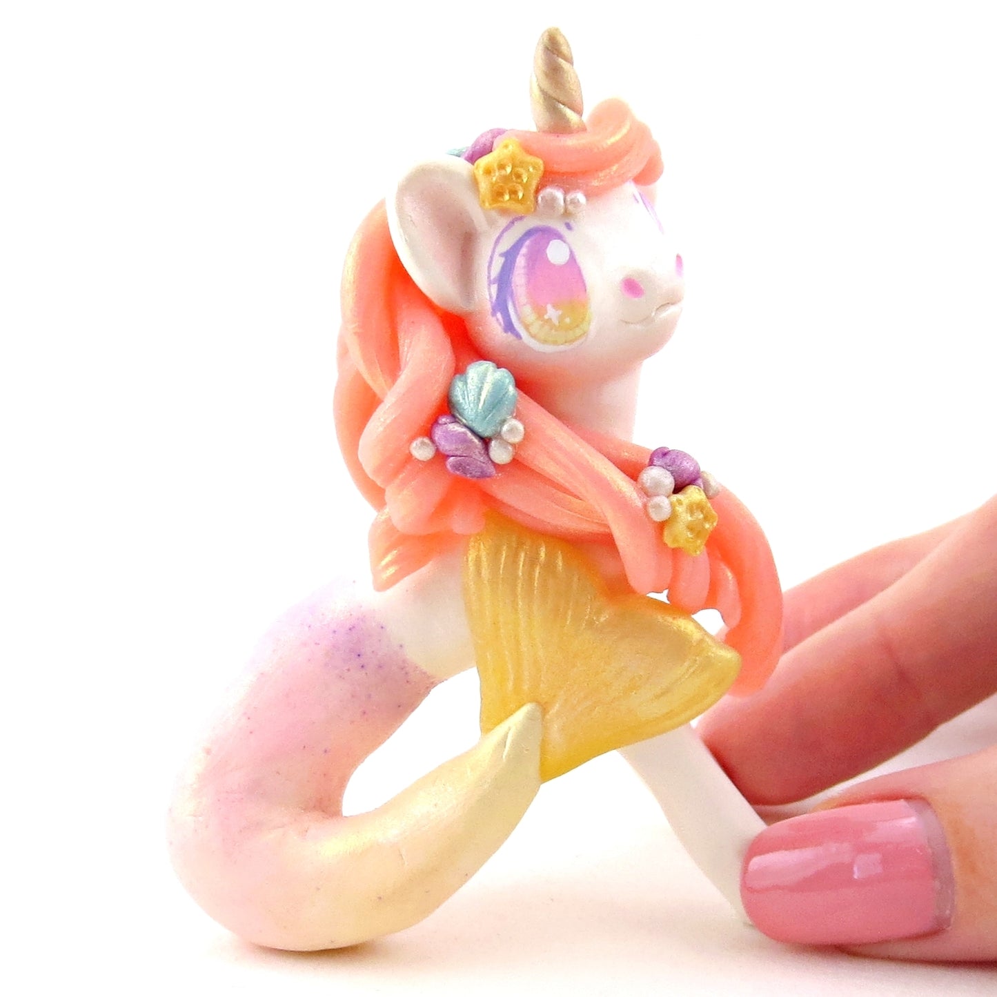 Peachy Ombre Mermaid Unicorn Figurine - Polymer Clay Celestial Sea Animals