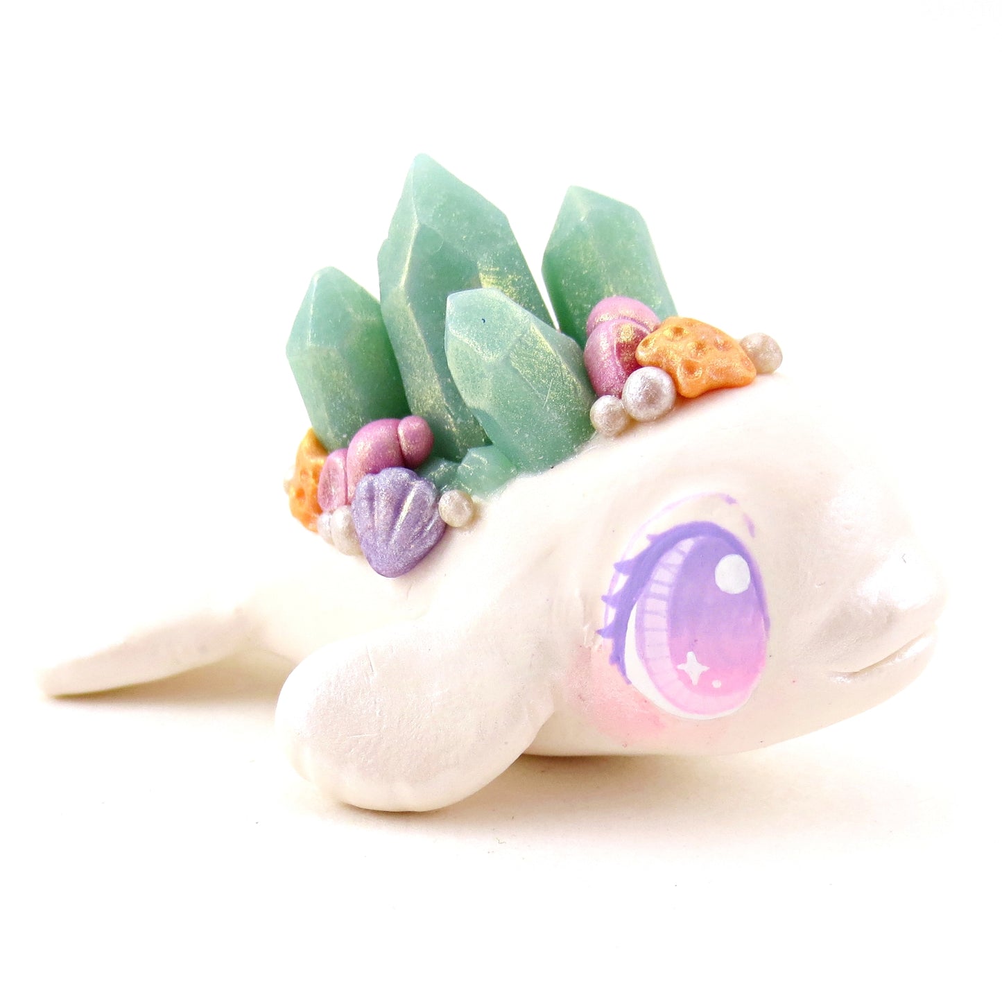 Light Blue Crystal Seashell Beluga Figurine - Polymer Clay Celestial Sea Animals