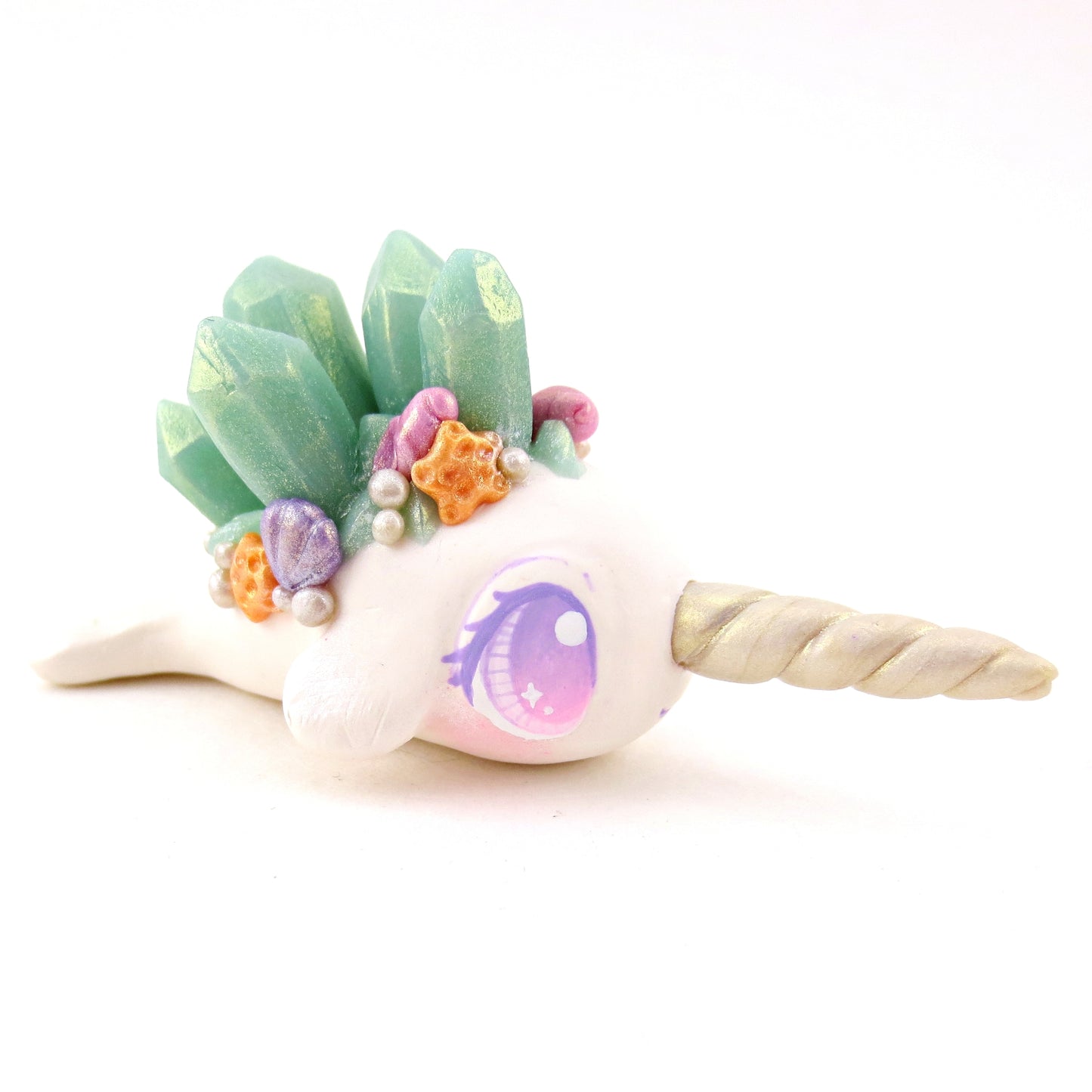 Light Blue Crystal Seashell Narwhal Figurine - Polymer Clay Celestial Sea Animals