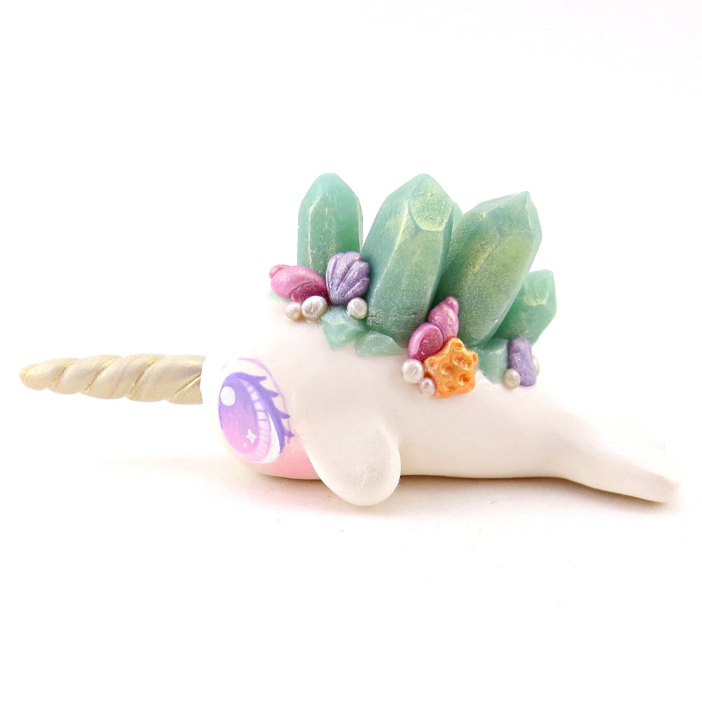 Light Blue Crystal Seashell Narwhal Figurine - Polymer Clay Celestial Sea Animals