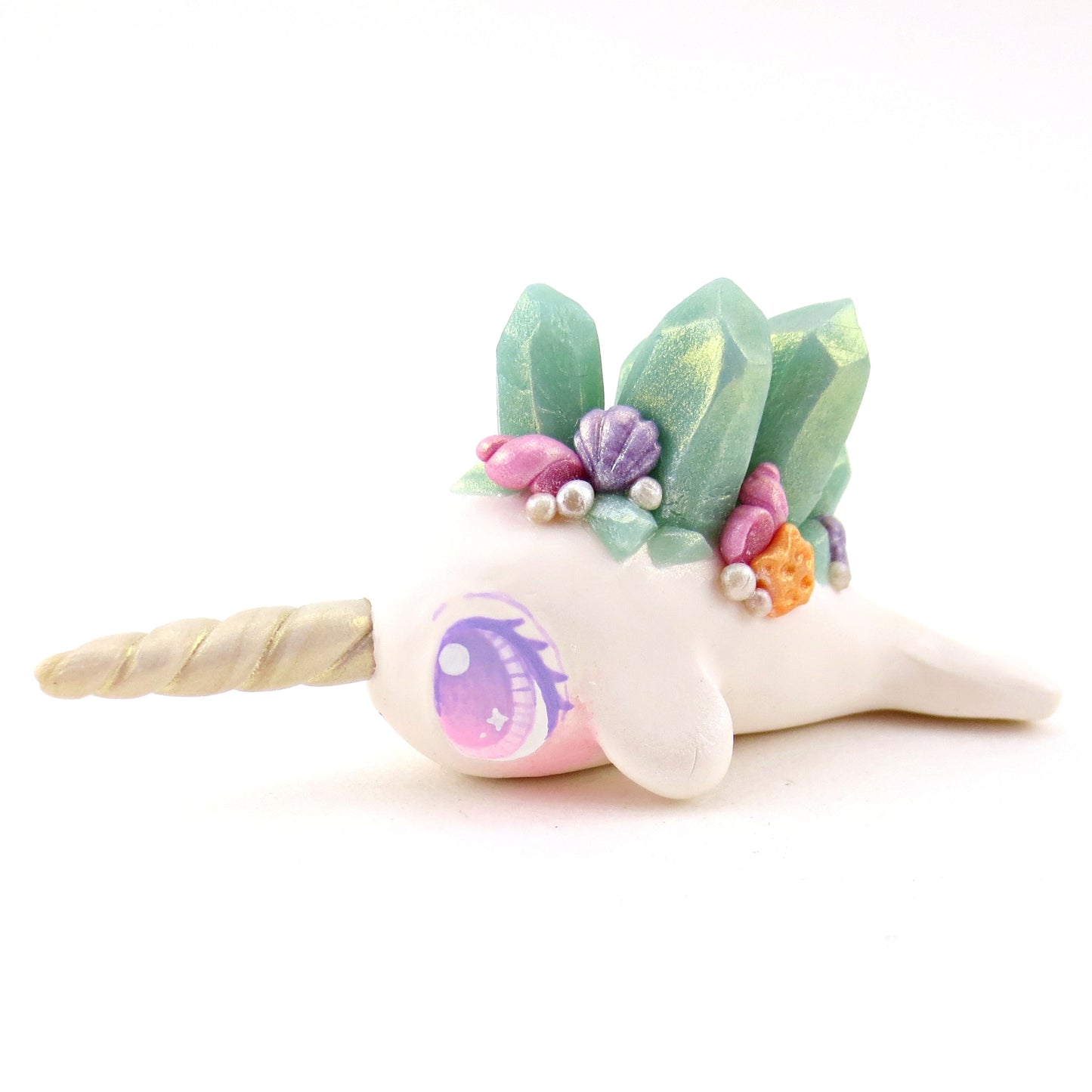 Light Blue Crystal Seashell Narwhal Figurine - Polymer Clay Celestial Sea Animals