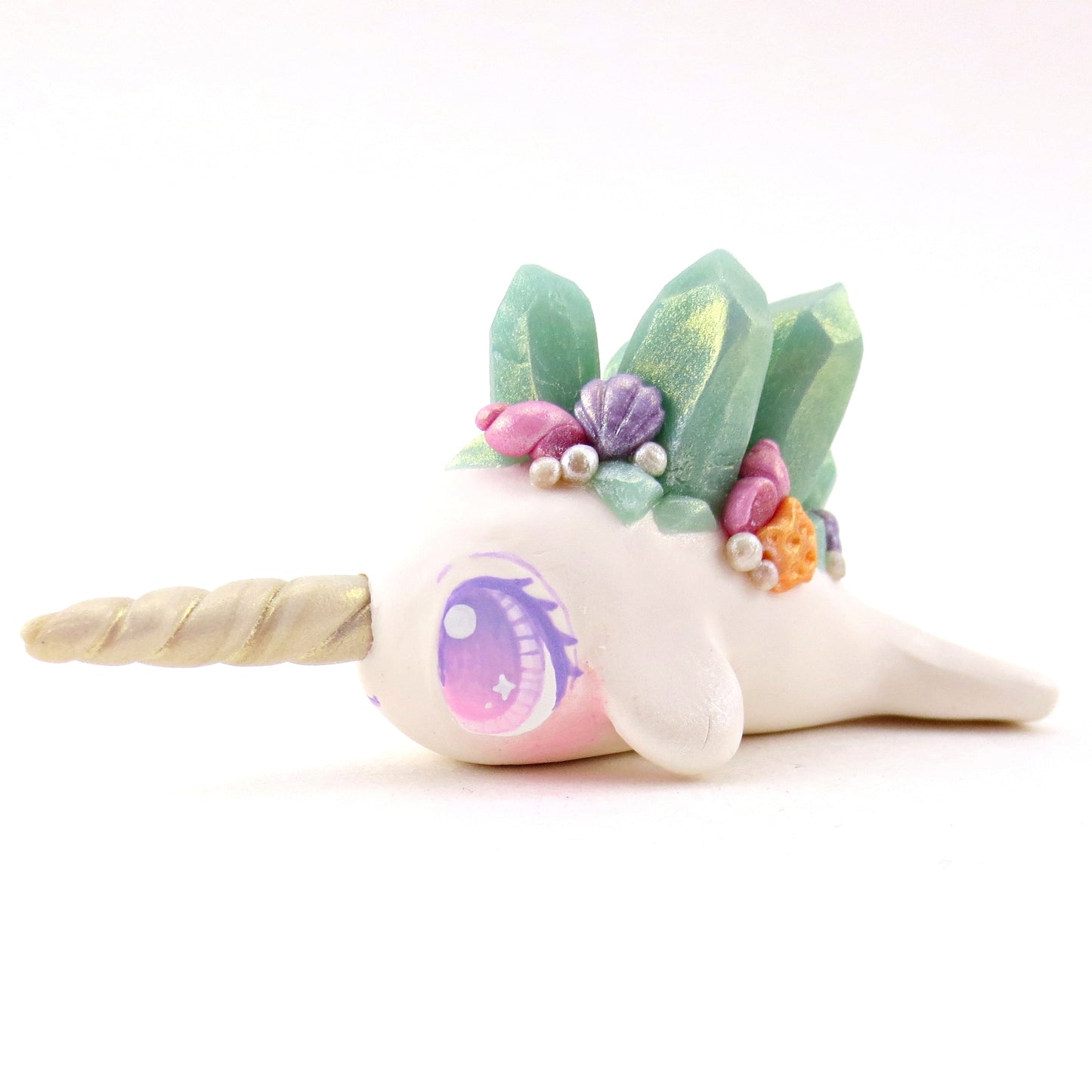 Light Blue Crystal Seashell Narwhal Figurine - Polymer Clay Celestial Sea Animals