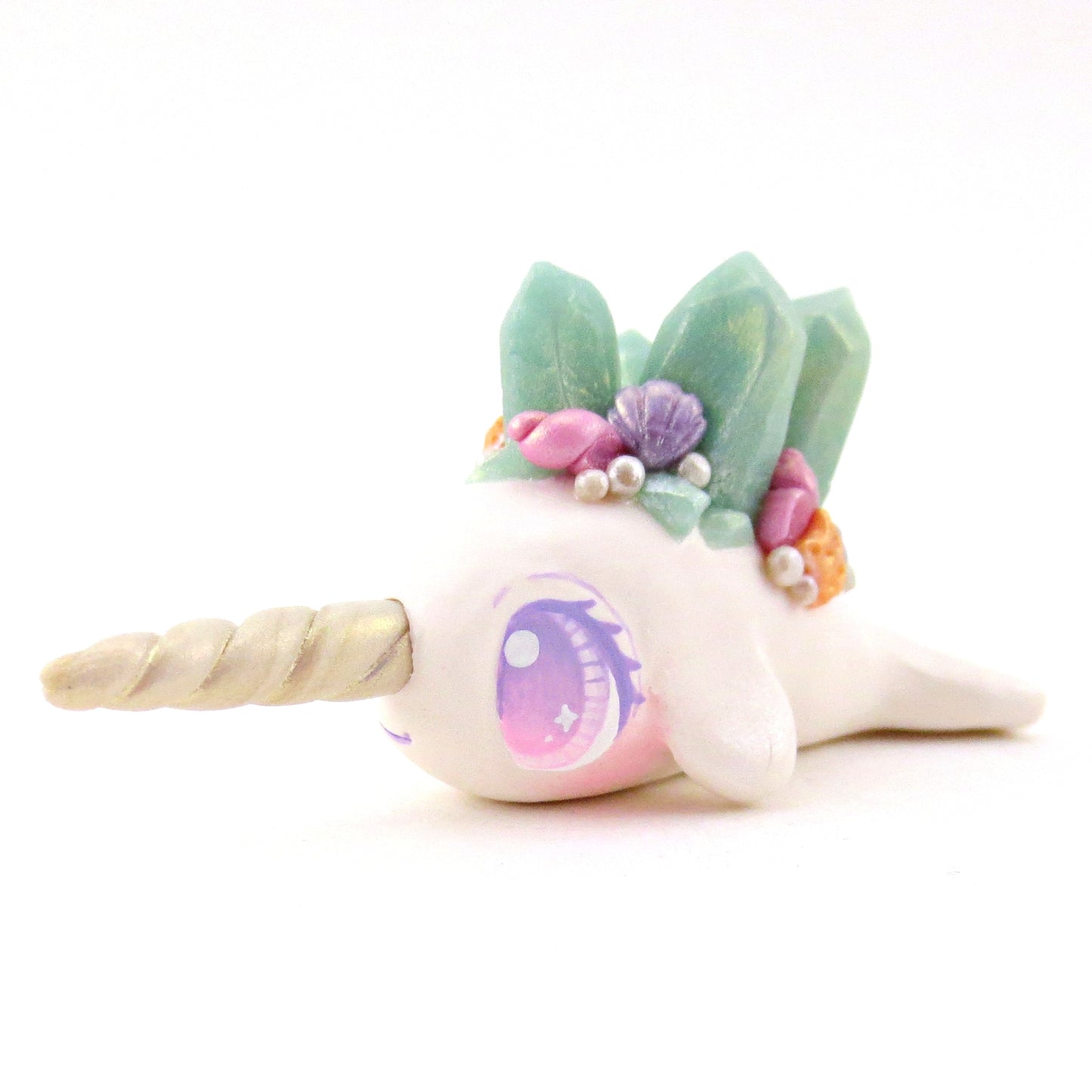 Light Blue Crystal Seashell Narwhal Figurine - Polymer Clay Celestial Sea Animals