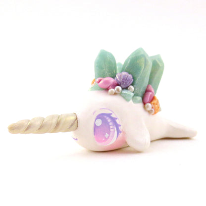 Light Blue Crystal Seashell Narwhal Figurine - Polymer Clay Celestial Sea Animals