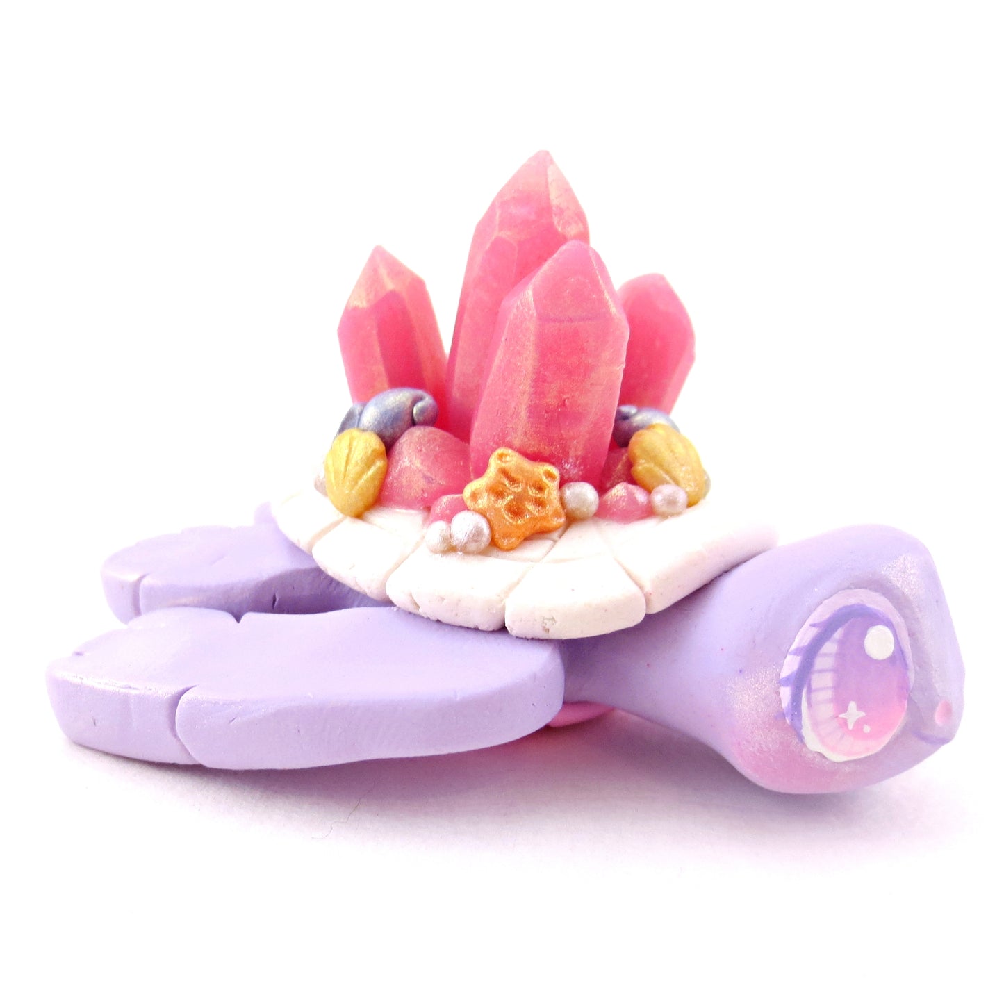 Purple and Pink Crystal Seashell Turtle Figurine - Polymer Clay Celestial Sea Animals