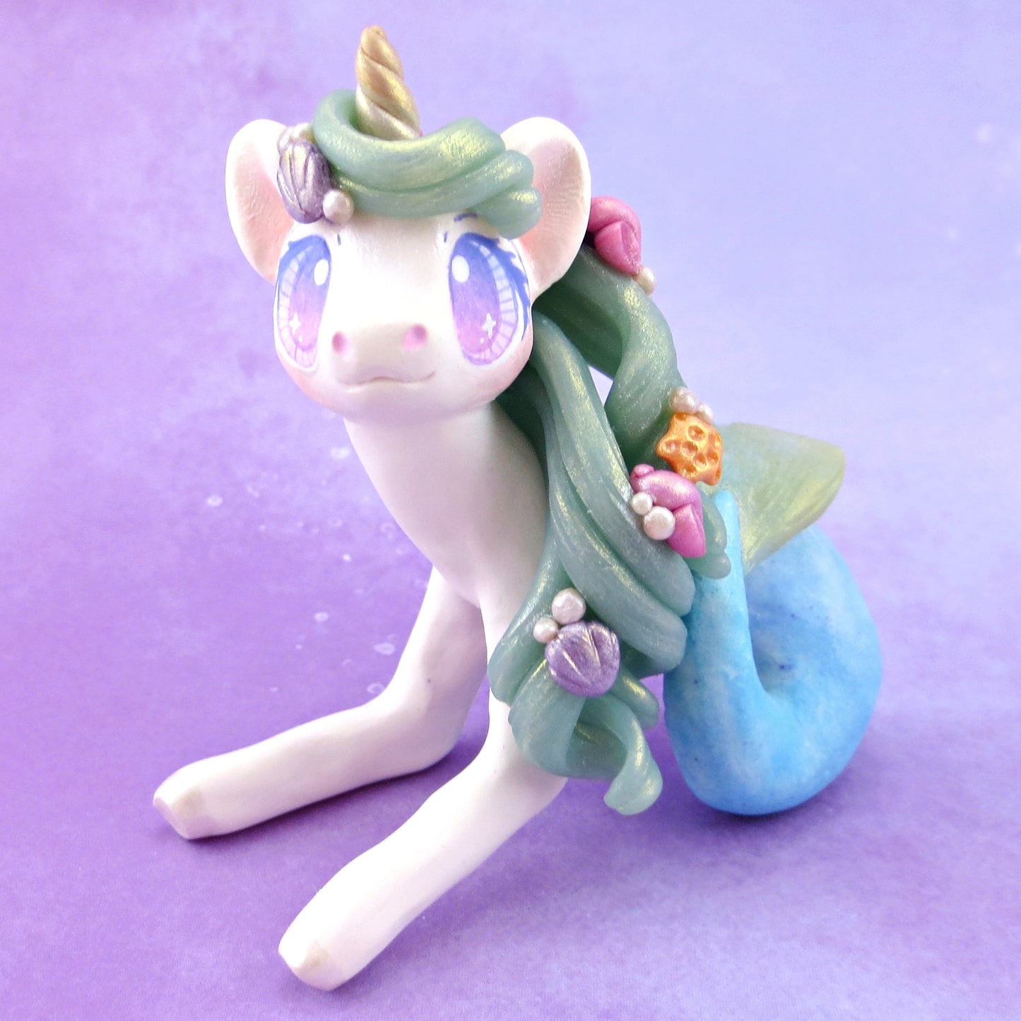 Blue Mermaid Unicorn Figurine - Polymer Clay Celestial Sea Animals