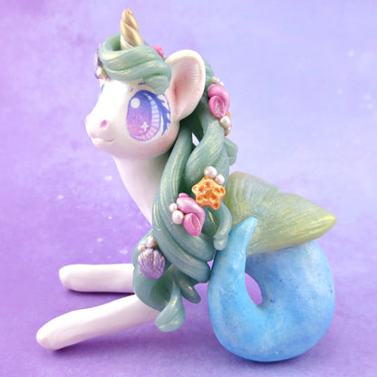 Blue Mermaid Unicorn Figurine - Polymer Clay Celestial Sea Animals