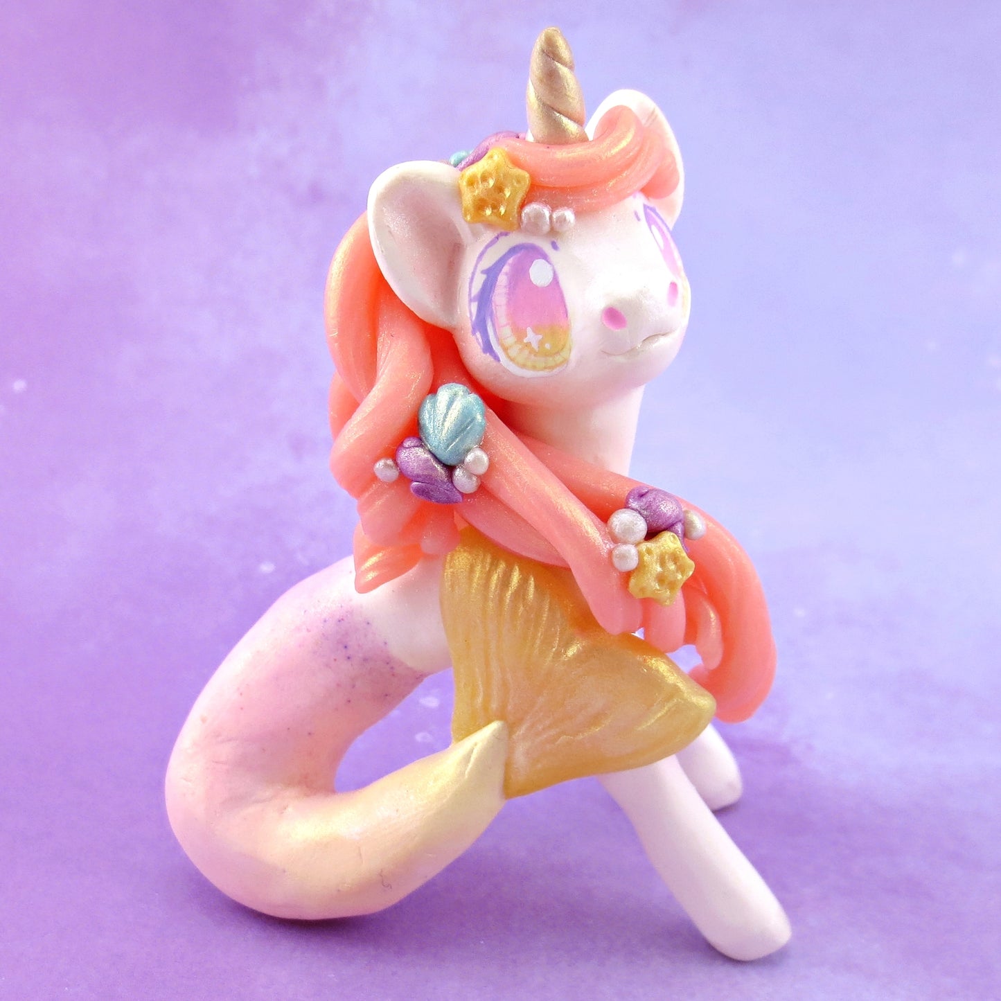 Peachy Ombre Mermaid Unicorn Figurine - Polymer Clay Celestial Sea Animals