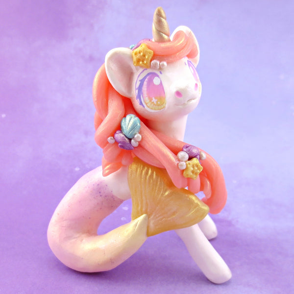 Peachy Ombre Mermaid Unicorn Figurine - Polymer Clay Celestial Sea Animals
