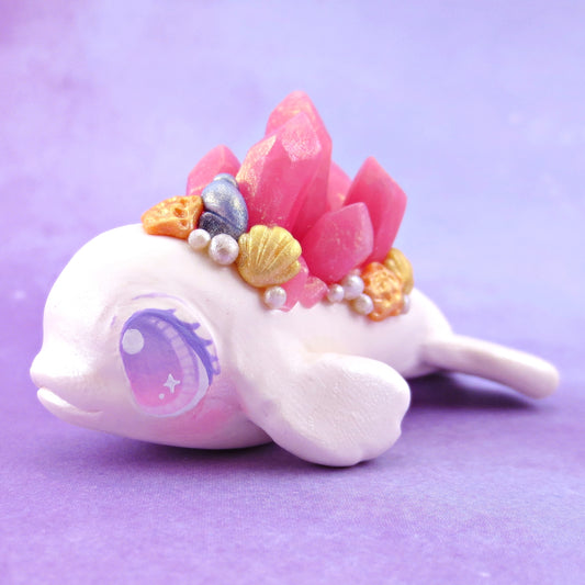 Pink Crystal Seashell Beluga Figurine - Polymer Clay Celestial Sea Animals