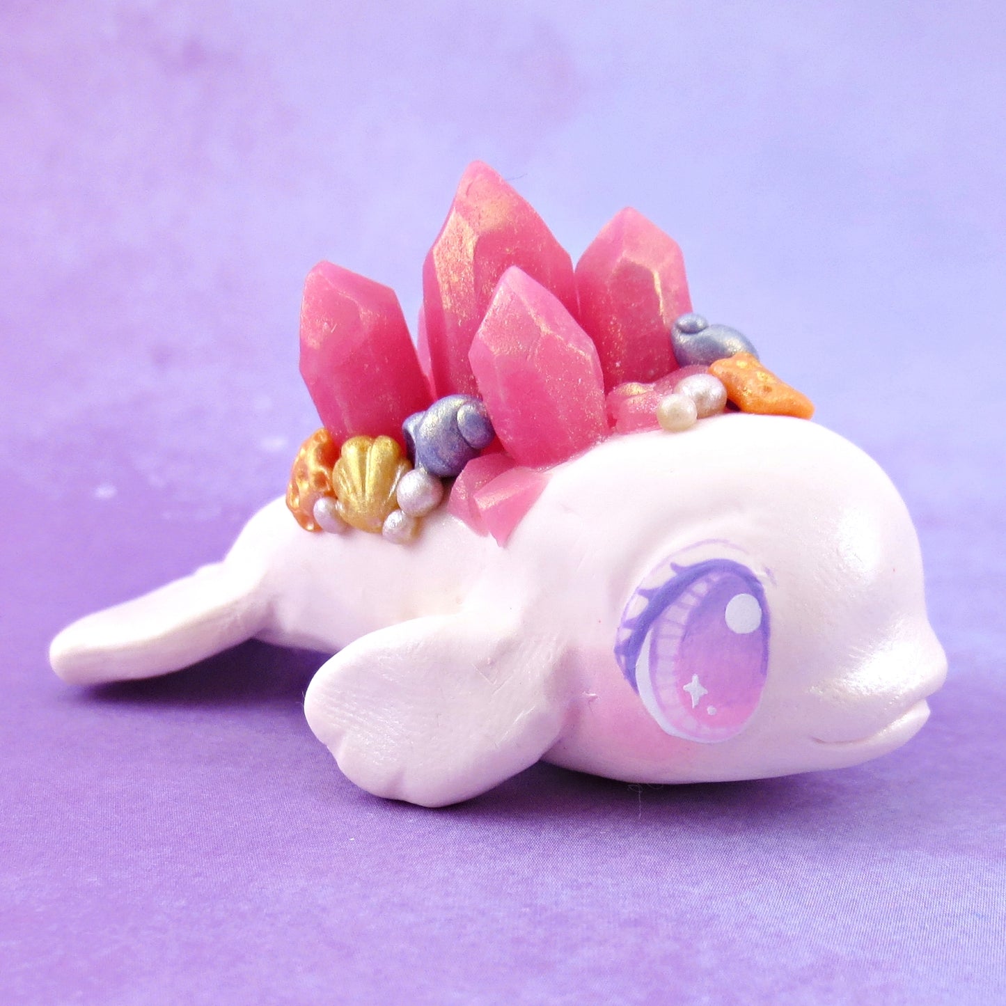 Pink Crystal Seashell Beluga Figurine - Polymer Clay Celestial Sea Animals