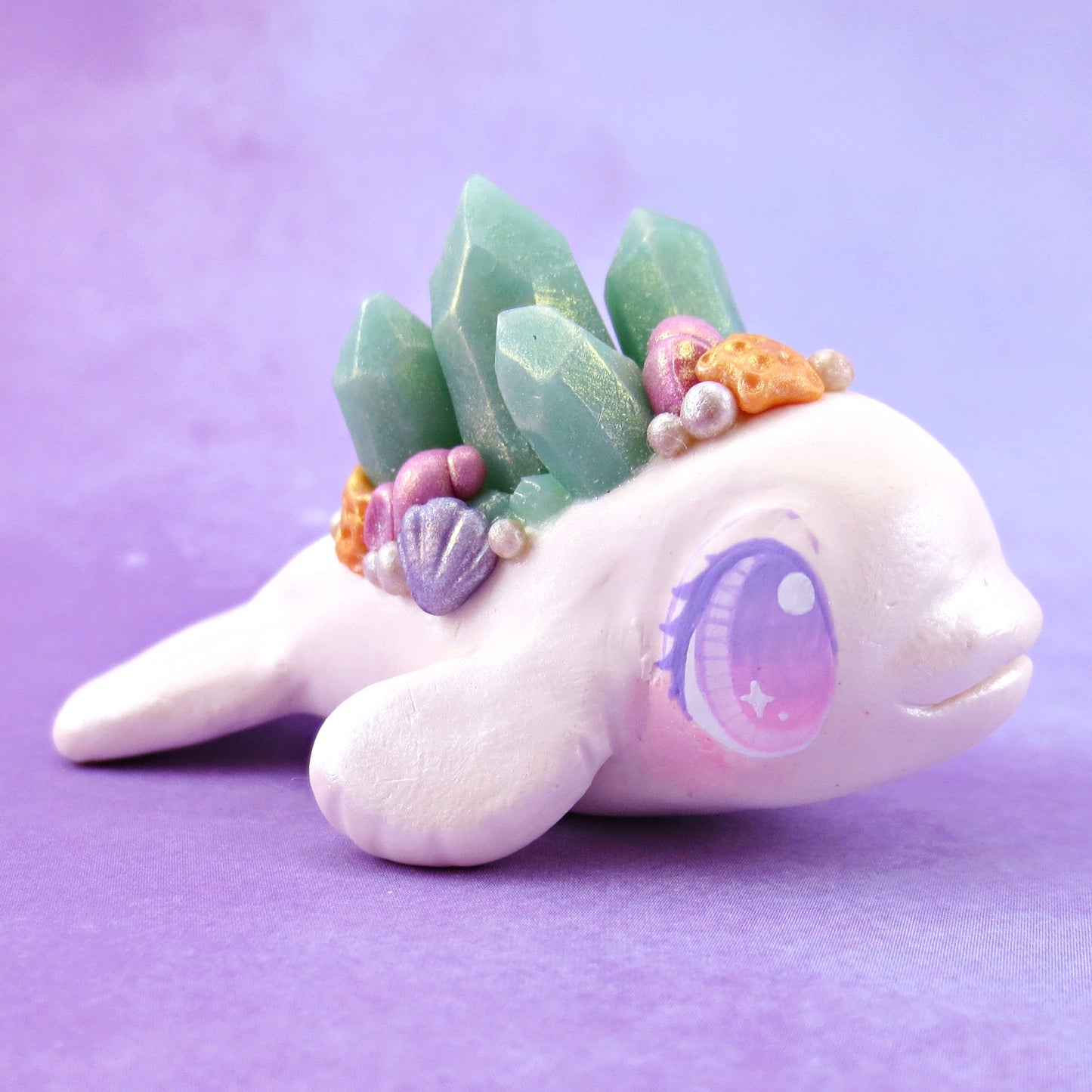 Light Blue Crystal Seashell Beluga Figurine - Polymer Clay Celestial Sea Animals