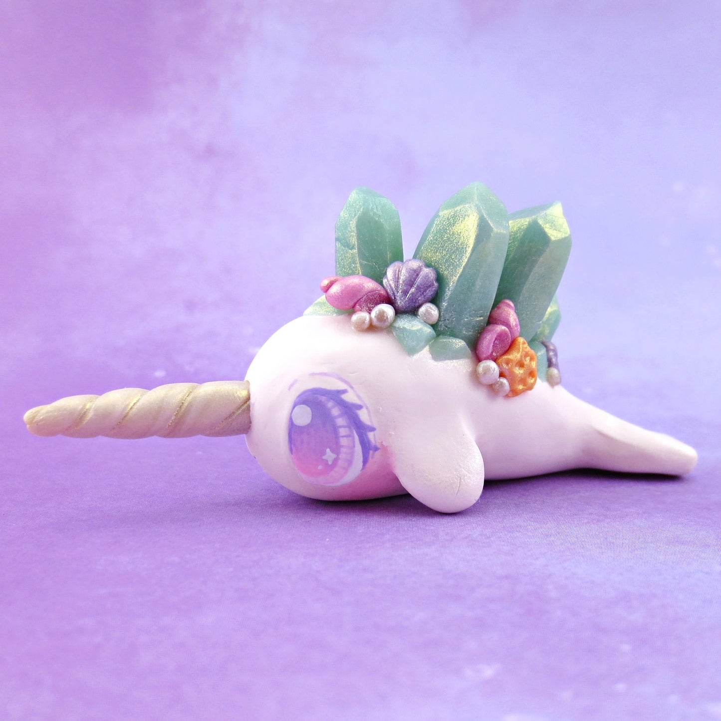 Light Blue Crystal Seashell Narwhal Figurine - Polymer Clay Celestial Sea Animals