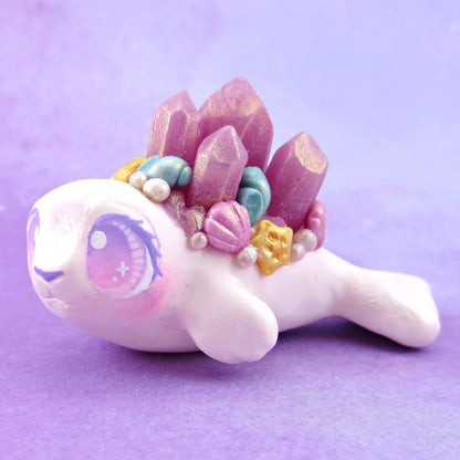 Purple Crystal Seashell Baby Seal Figurine - Polymer Clay Celestial Sea Animals