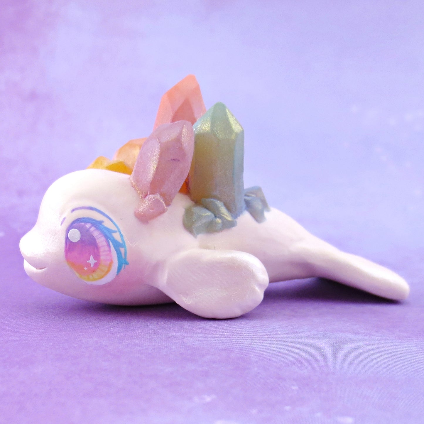 Rainbow Crystal Beluga Figurine - Polymer Clay Celestial Sea Animals